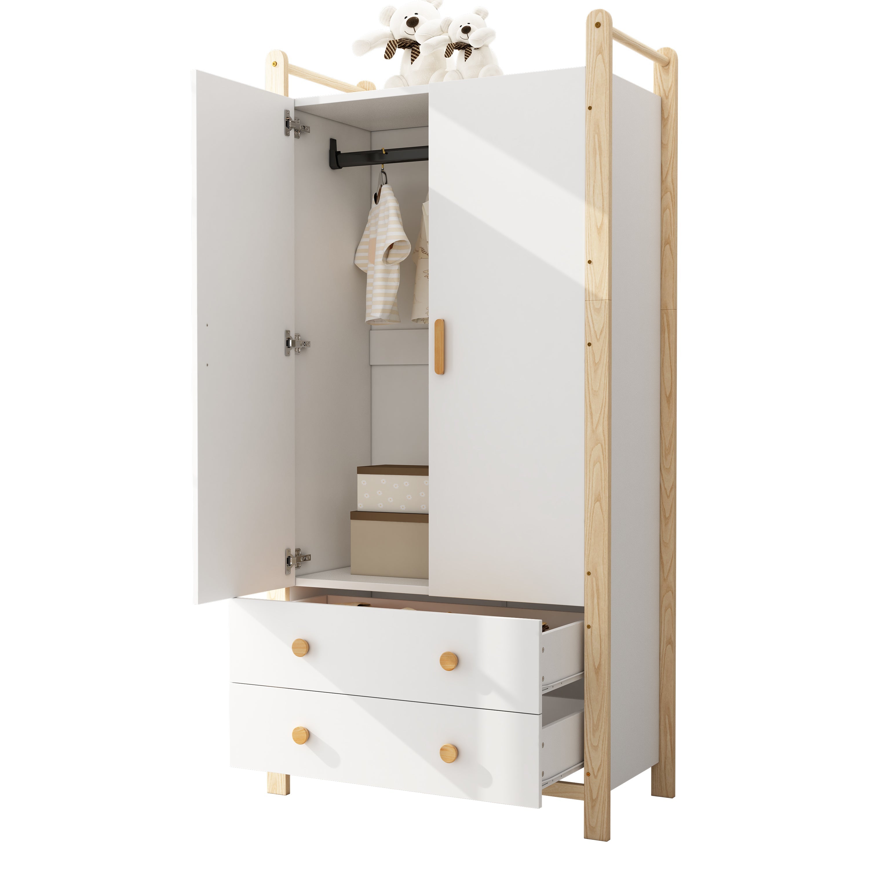 2-Door Wardrobe with Clothes Rail & 2 Drawers, 90x45x180 cm - White/Pine