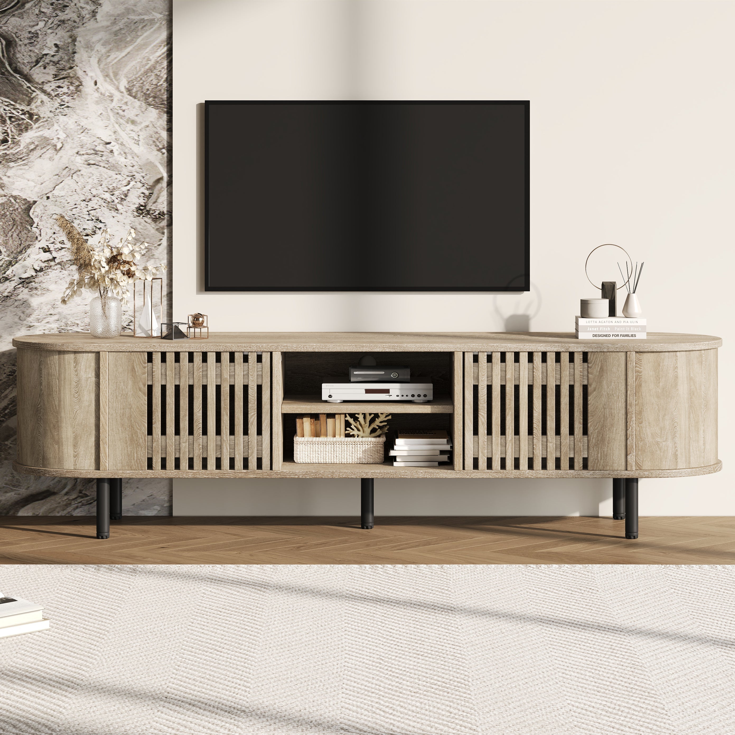 TV Cabinet Lowboard 160x40x47cm Openwork Design 2 Cabinets for 65" TV - Natural Wood
