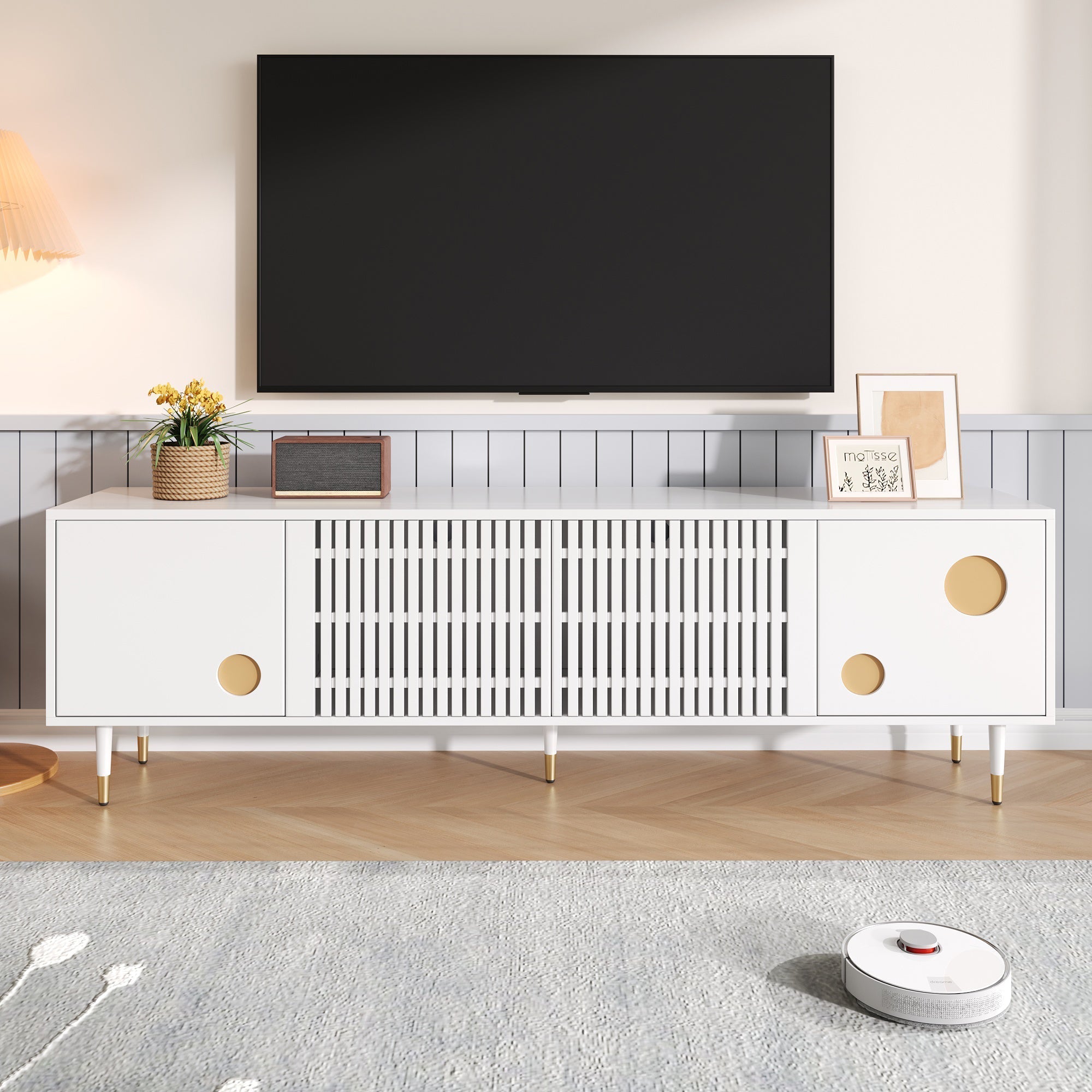 TV Cabinet, Lattice & Hidden Handles, Solid Wood Doors, Gold Decor