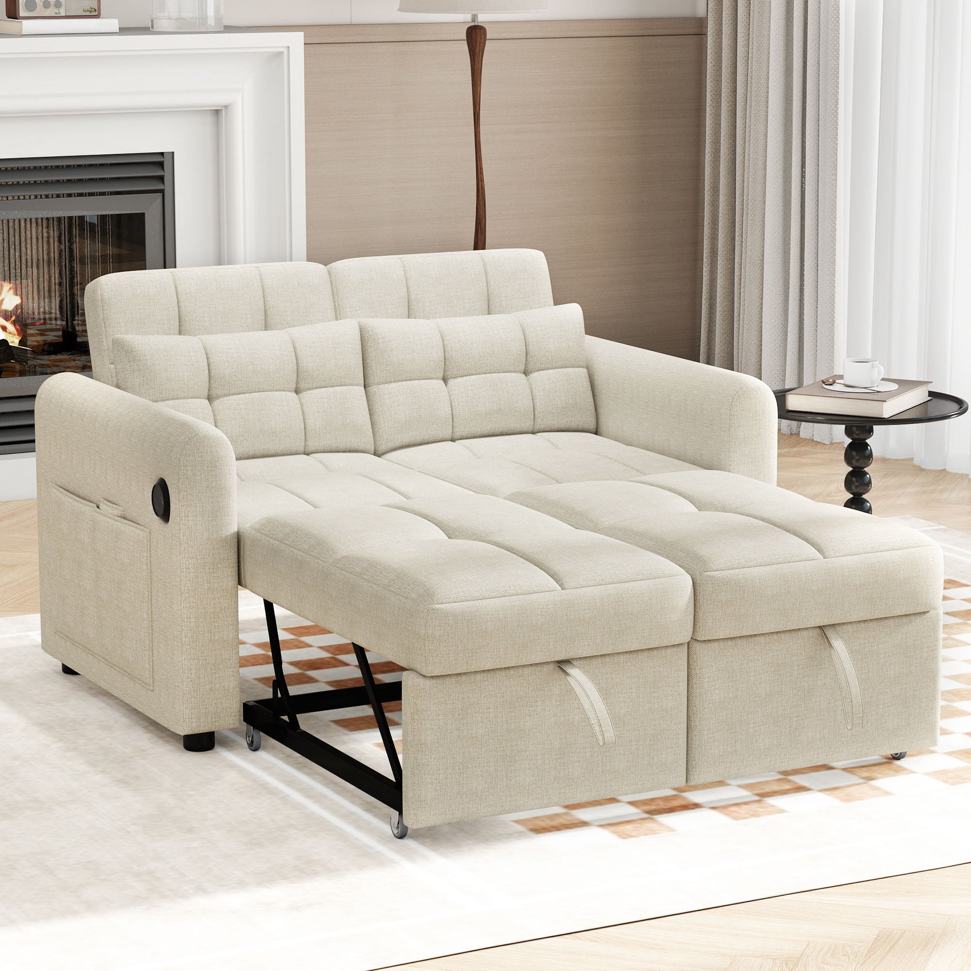 Loveseat Sofa, Modern 3-in-1 Pull-Out, Adjustable Backrest, USB Port