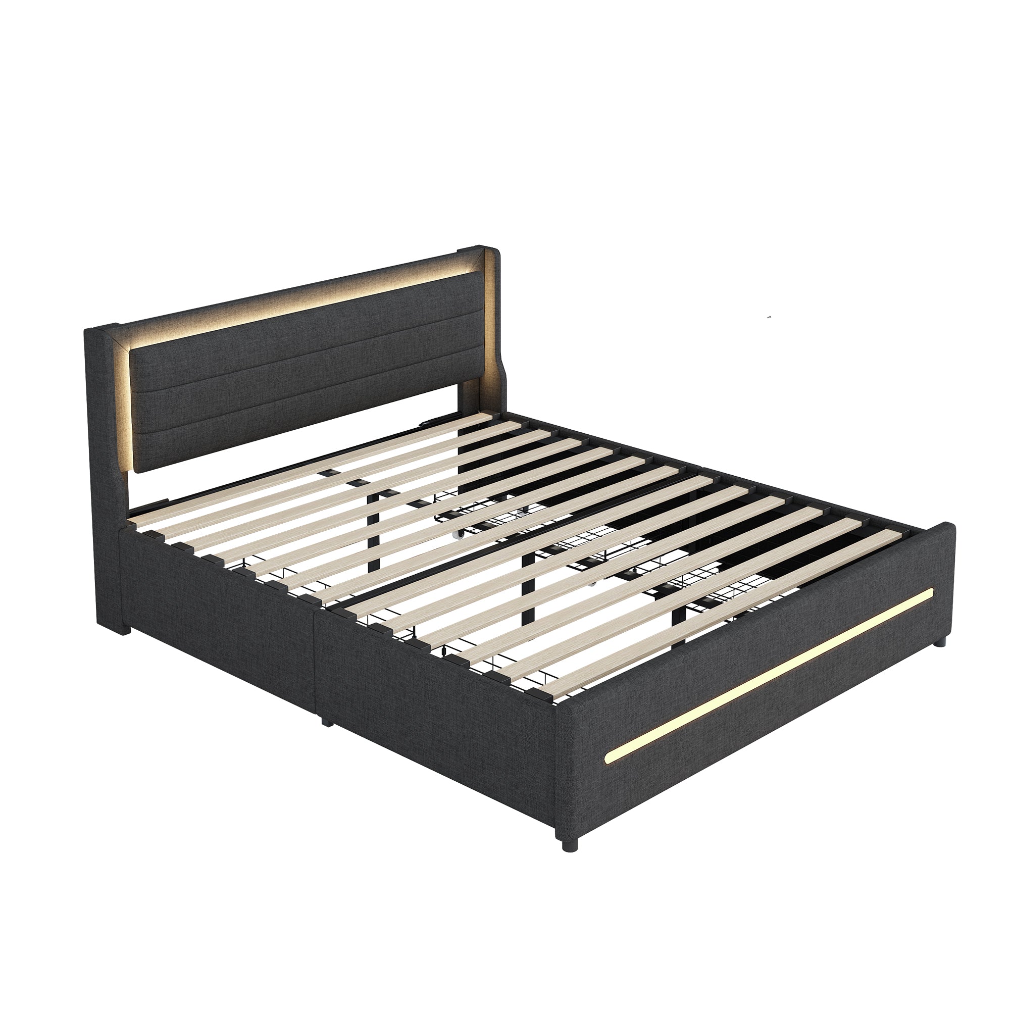 Upholstered Bed 160*200, LED Lighting, 4 Storage, Linen, Gray