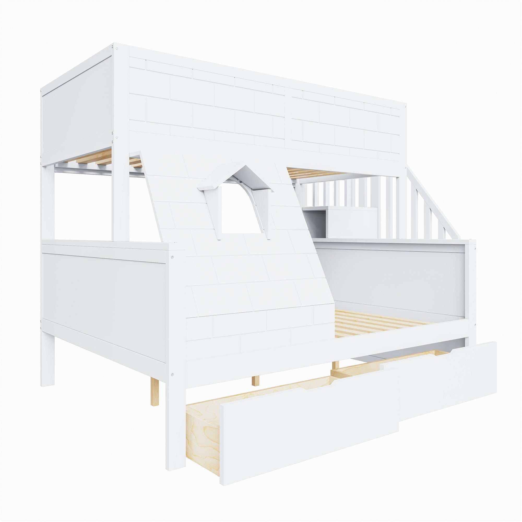 Bunk Bed with Safety Ladder, Drawers and Window, 90x200cm and 140x200cm, Solid Wood