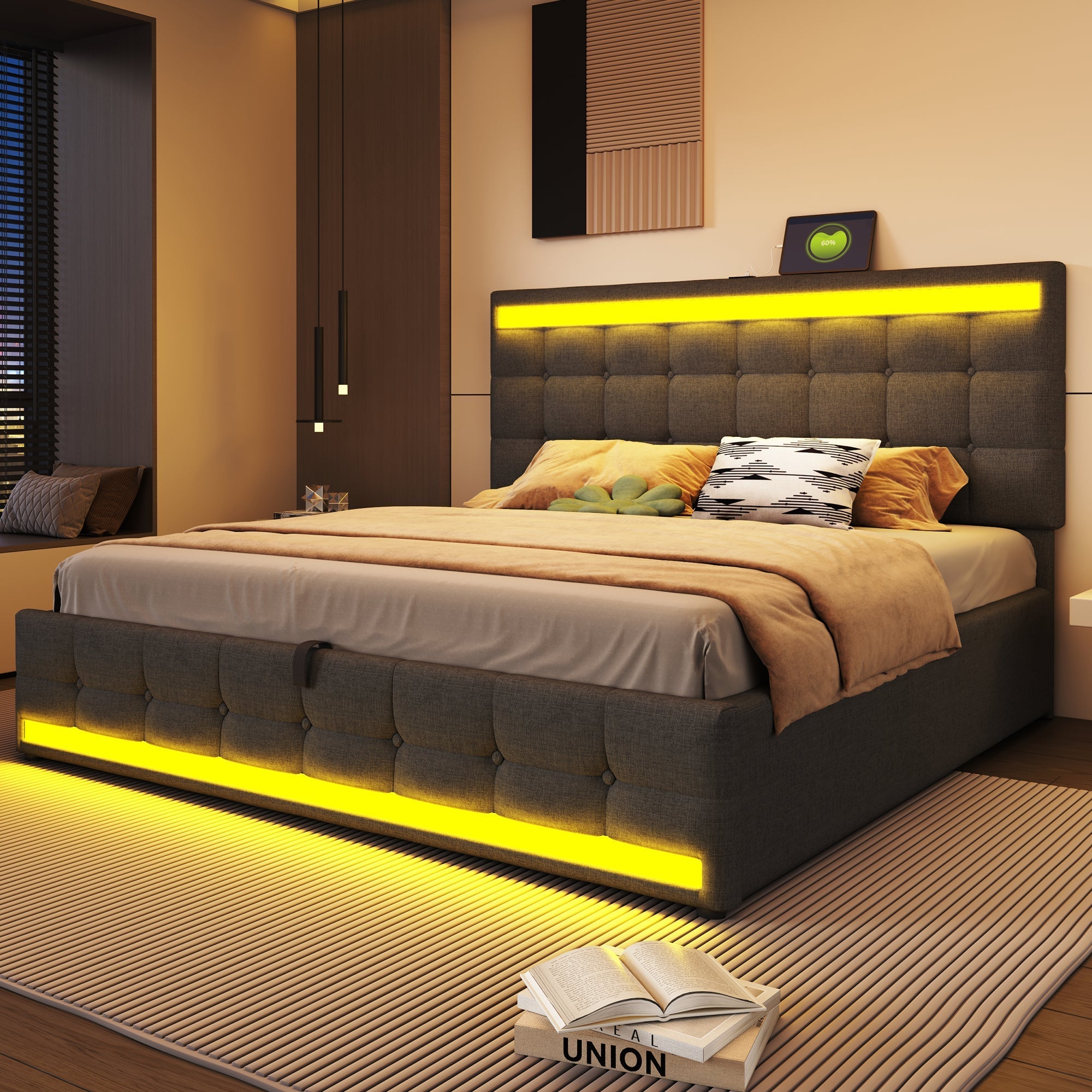 Upholstered Bed 180x200 Hydraulic Storage USB LED Light Strip Children's Bed, Grey Linen