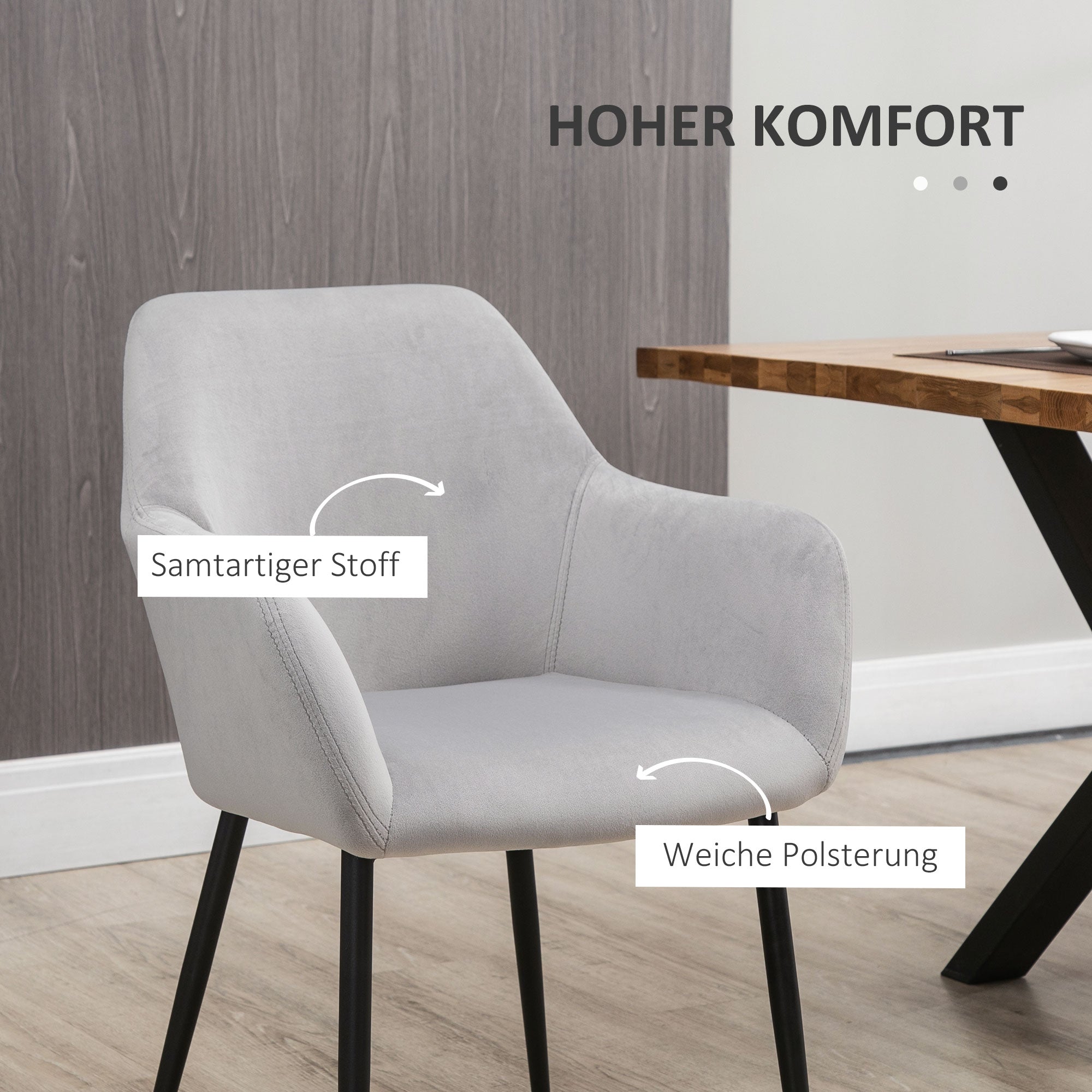 Dining Chairs Set of 2 Upholstered Backrest Steel Legs, Light Gray Velvet Look