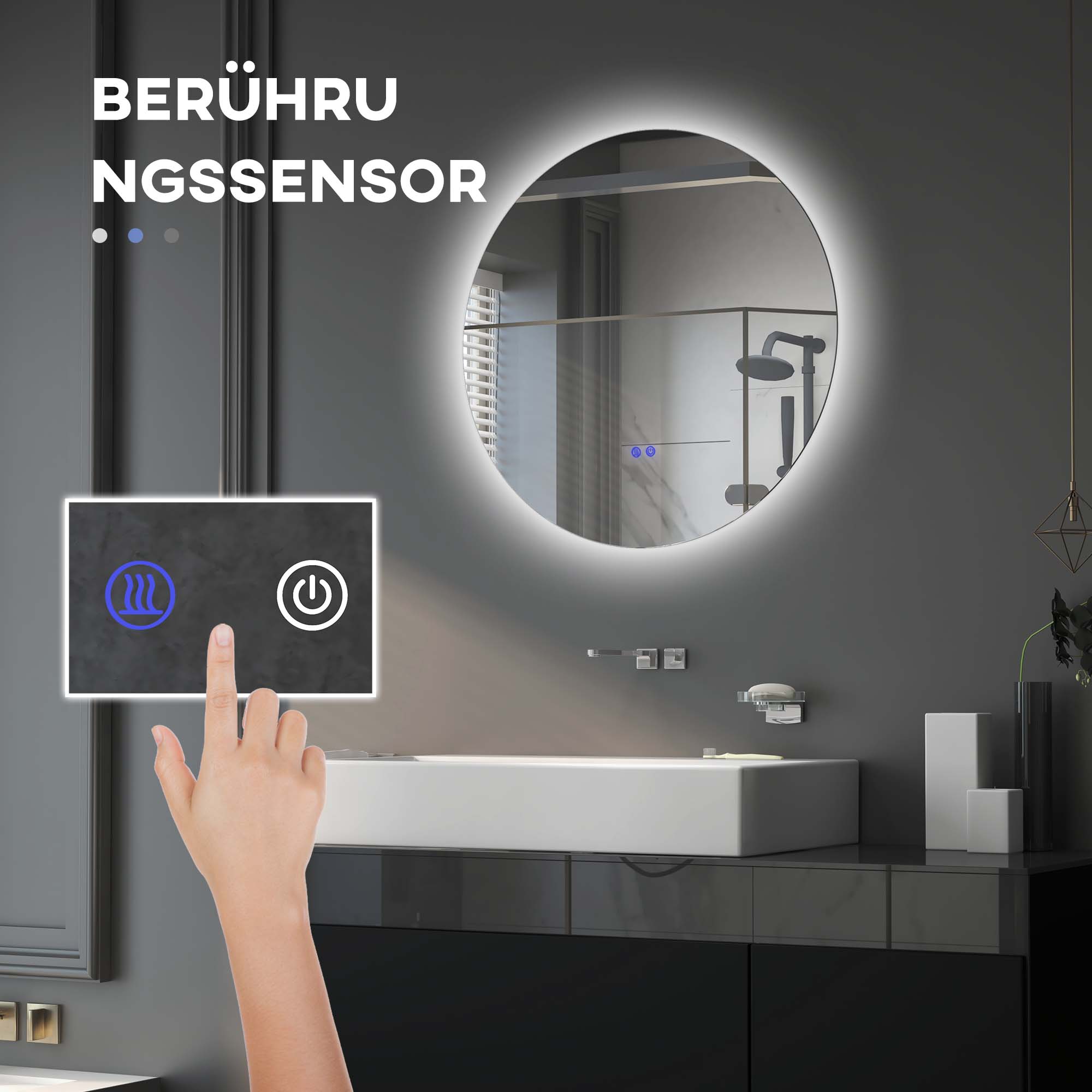 Bathroom Mirror Wall Mounted Ø60 cm, 3 Light Colors, Touch Switch, Anti-Fog, IP44