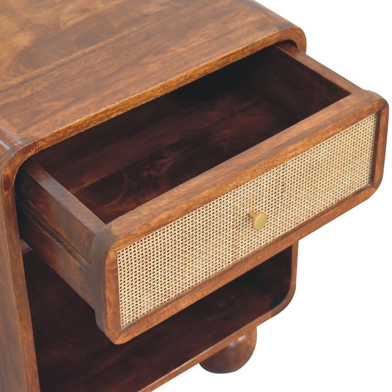 Solid Wood Bedside, Open Woven 1 Drawer, Dark Brown Chestnut