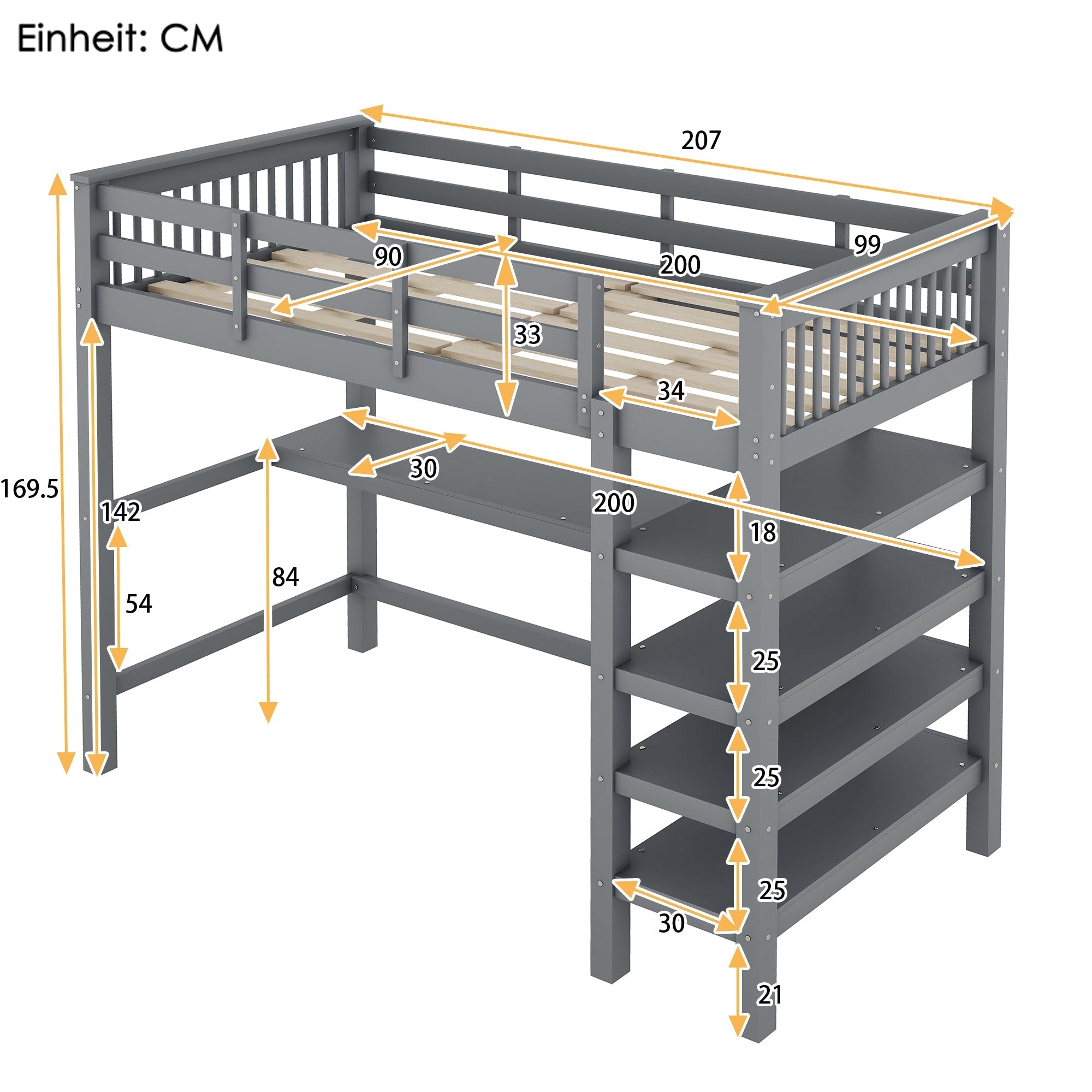Loft Bed 90x200cm Children's Storage Under-Bed Desk Grey