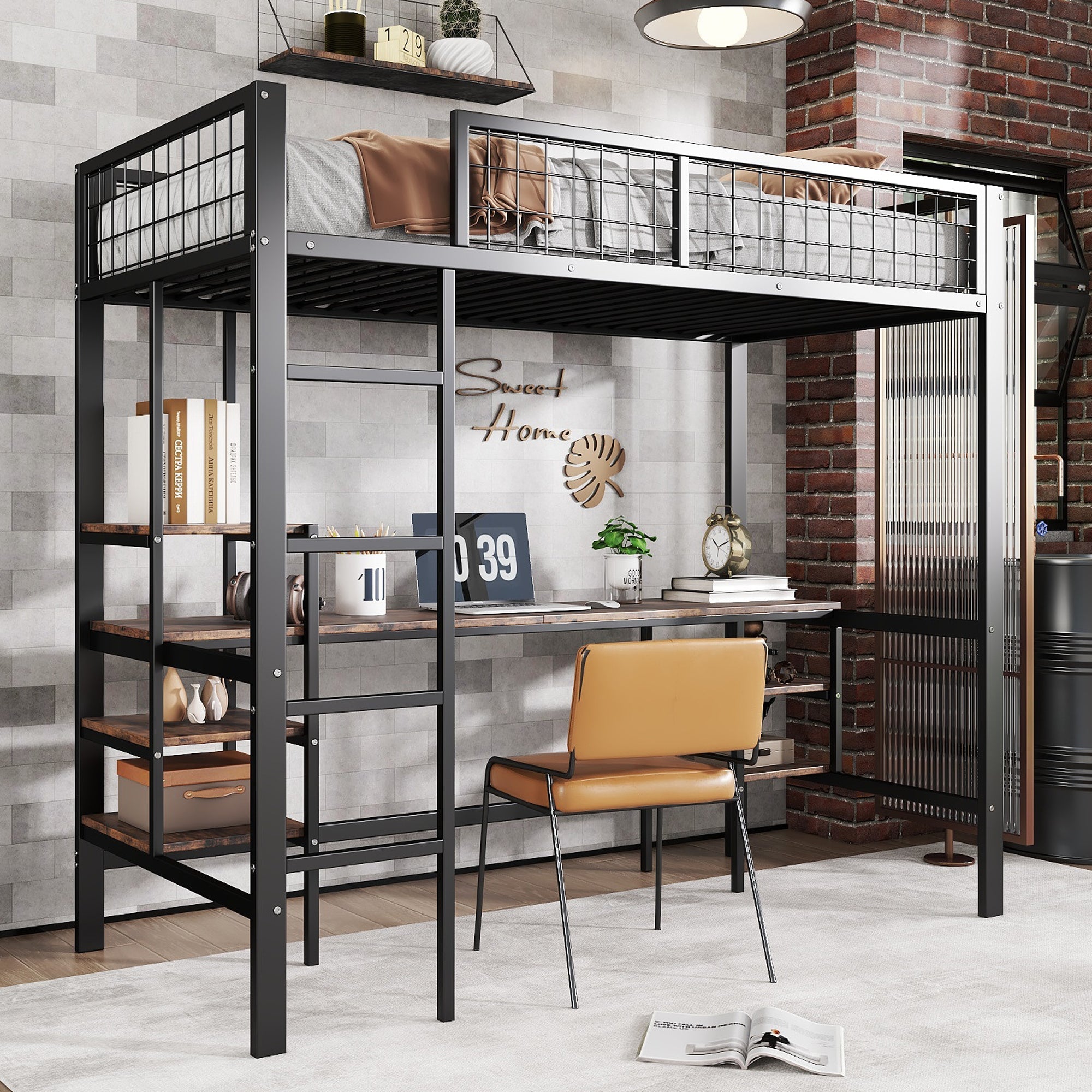 Iron Bunk Bed 90x200cm with Table Shelf Ladder for Children/Teens, Black/Dark Wood Color, Iron/Chipboard