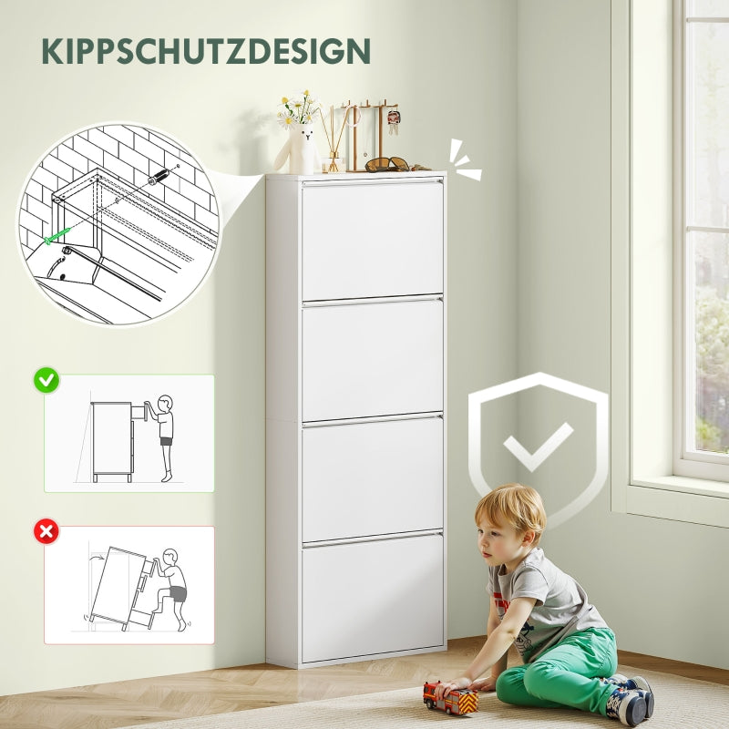 Metall-Schuhschrank, schmal, 4 Türen, weiß