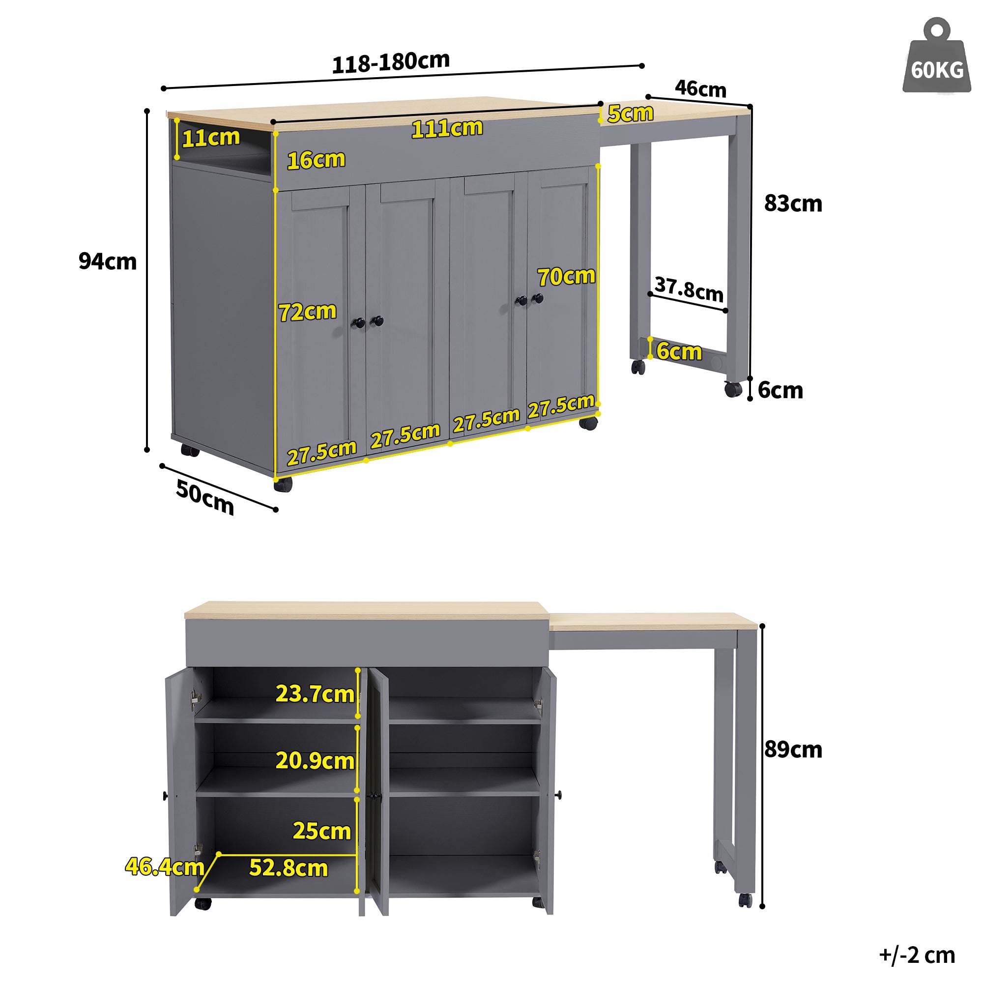 Extendable Bar Table Dining/Bistro with Storage and Shelves Grey