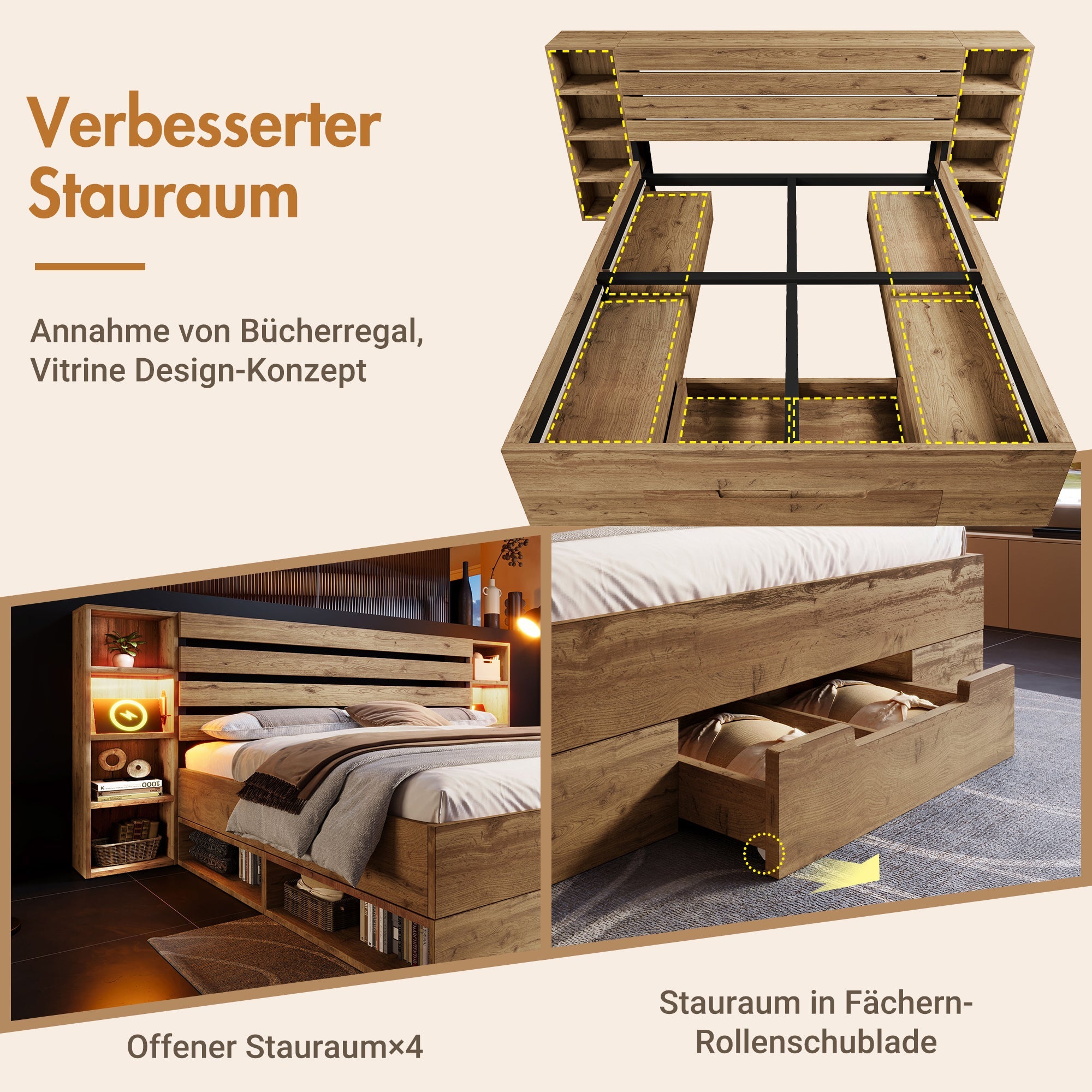 Double Bed 180x200cm Storage, LED, USB-C, Drawers, Wooden Slatted Base, Solid Wood Oak