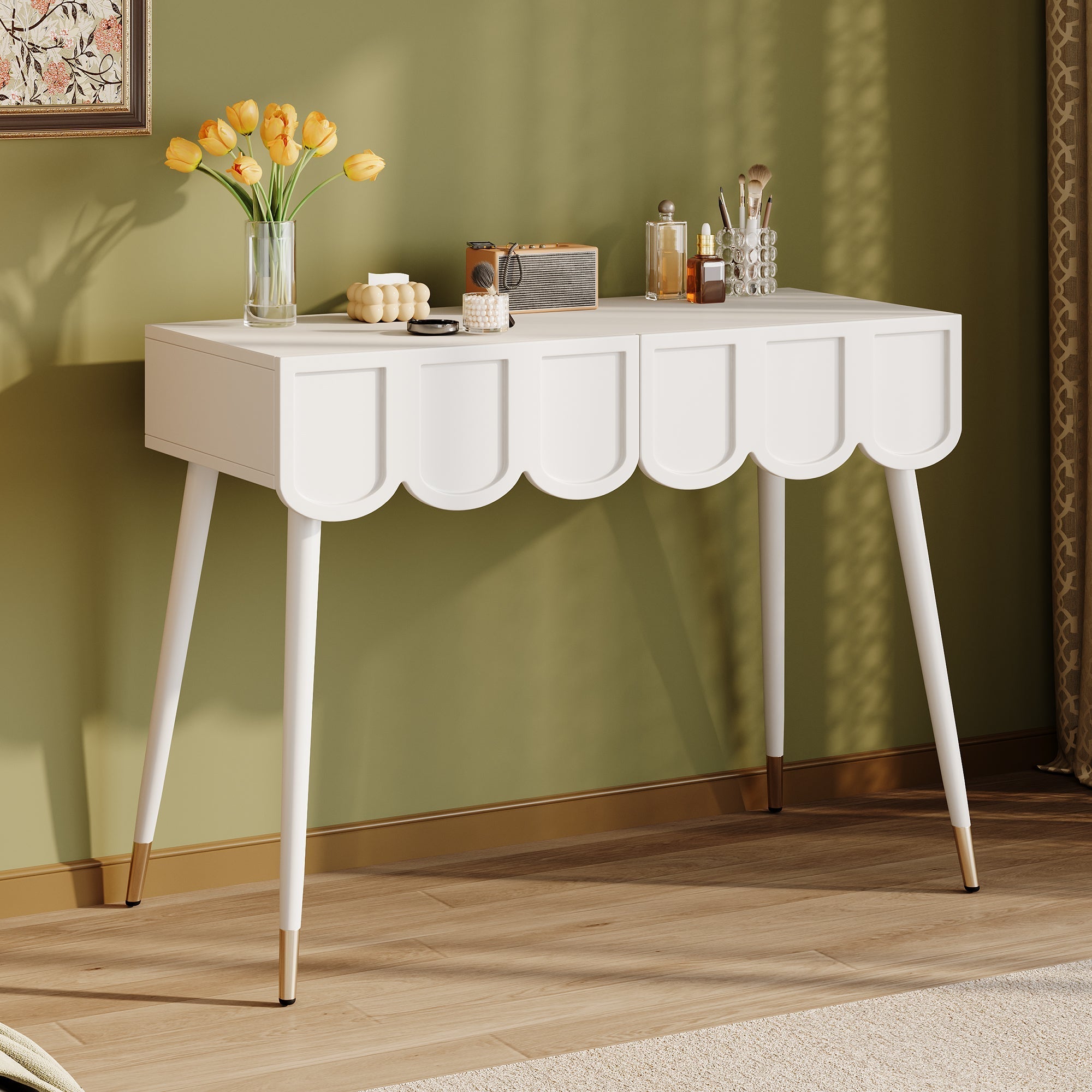Dressing Table with 2 Drawers and Metal Legs, White