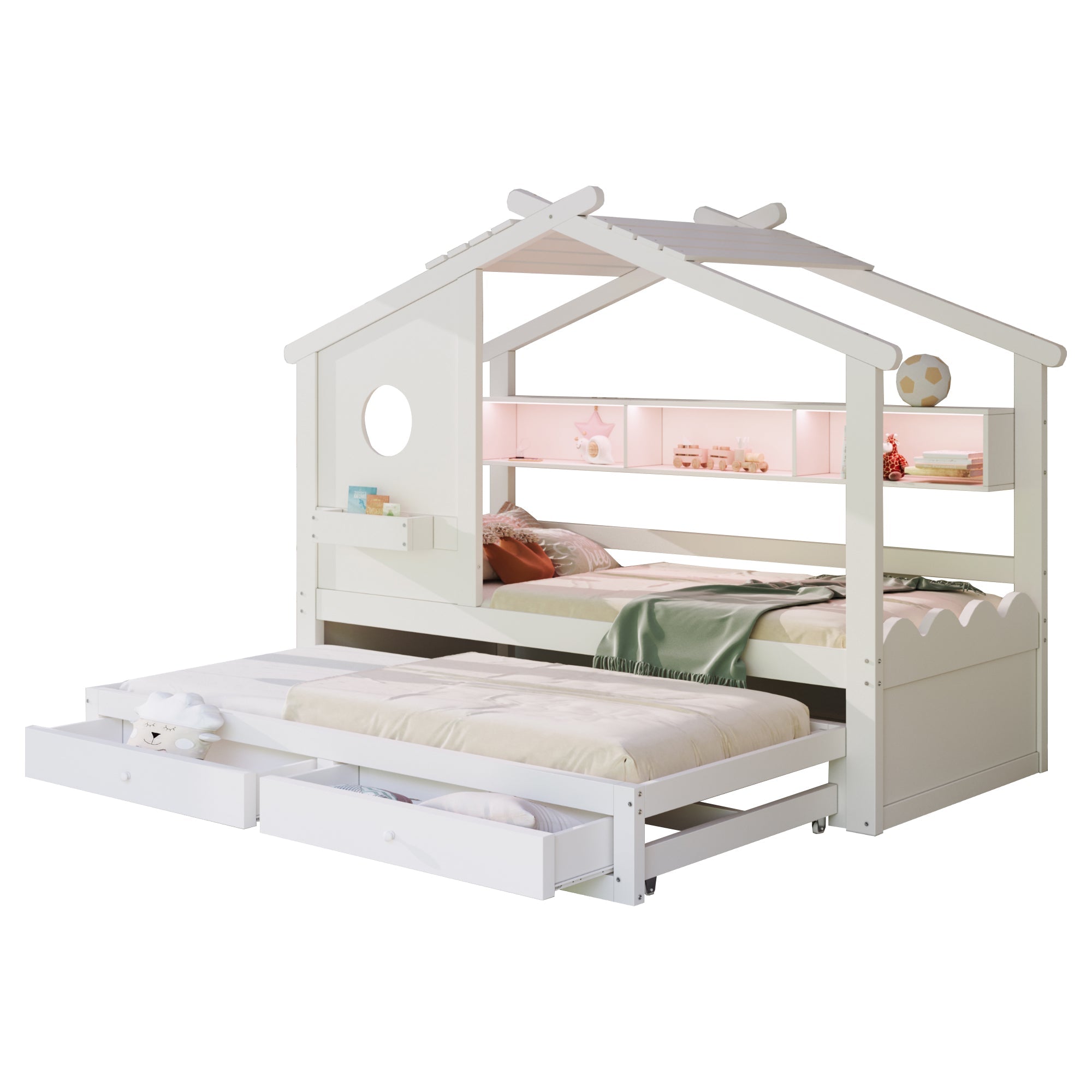 Multifunctional Children's Bed with House Design, Pull-out Bed, Drawers, Shelves, USB and LED, 90x200cm, White