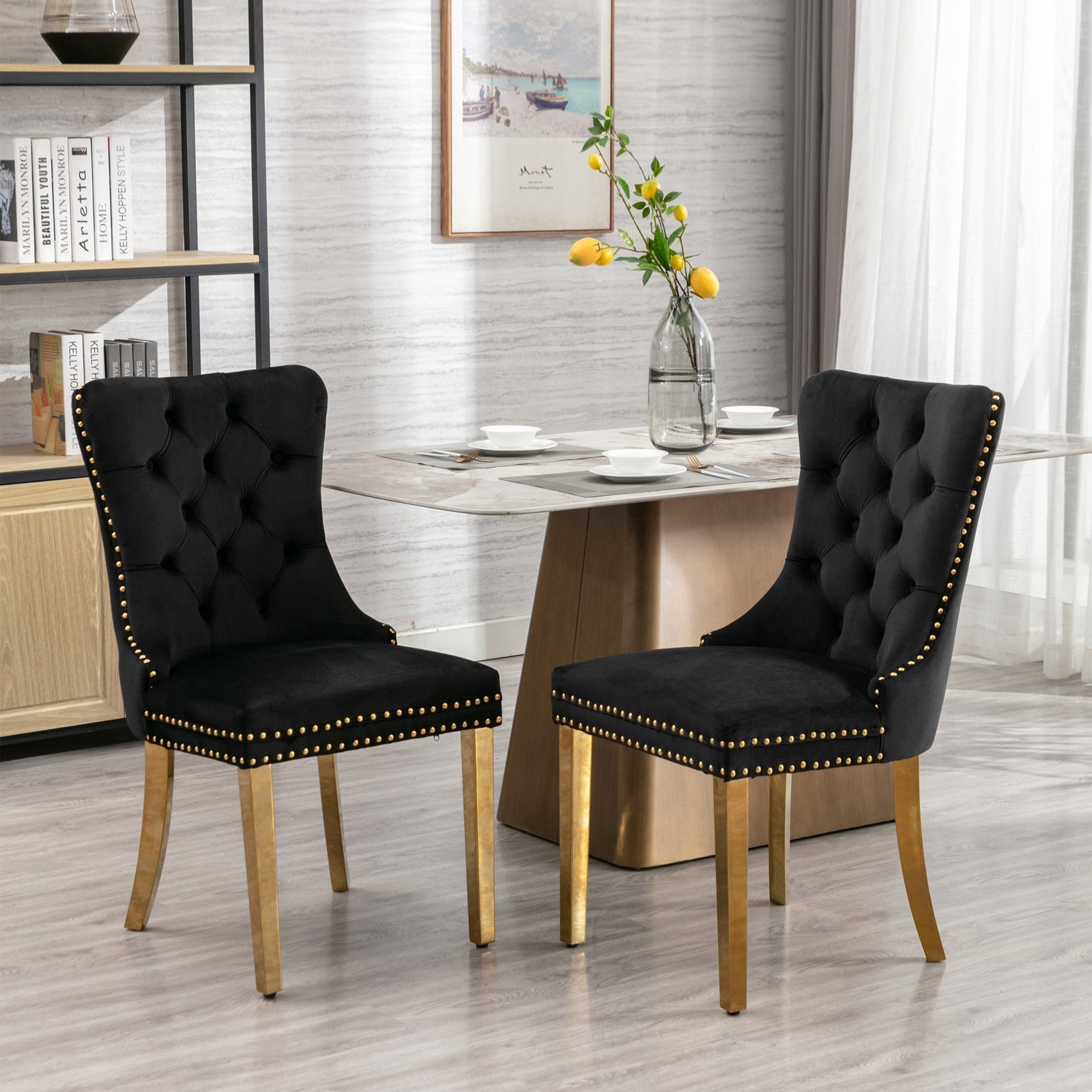 A&A Furniture Nikki Dining Chair Set of 2 Tufted Velvet Golden Steel Legs - Black and Gold