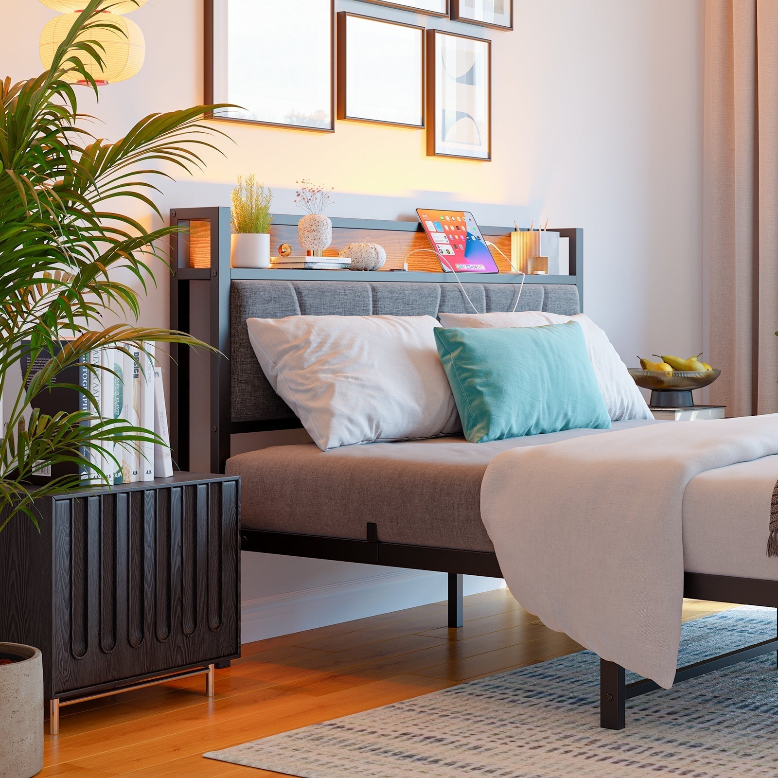 Bed Frame 140x200cm LED Headboard USB Charging - Metal Slats