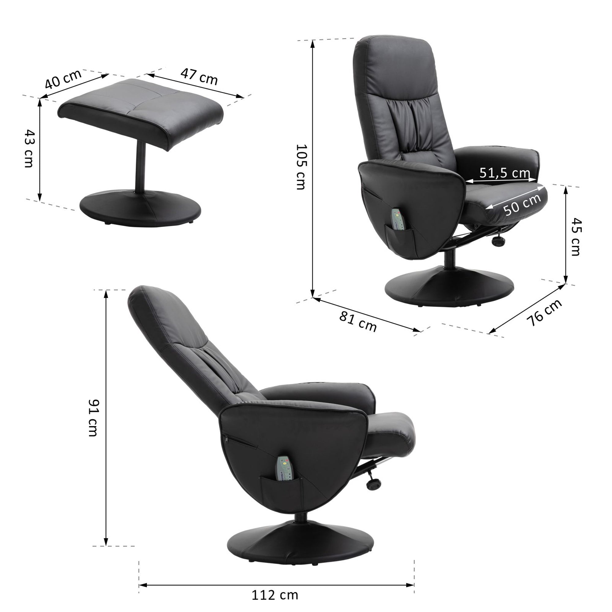 Reclining Massage Armchair TV Chair with Footstool, Storage, 10-Point Vibration, Faux Leather Black