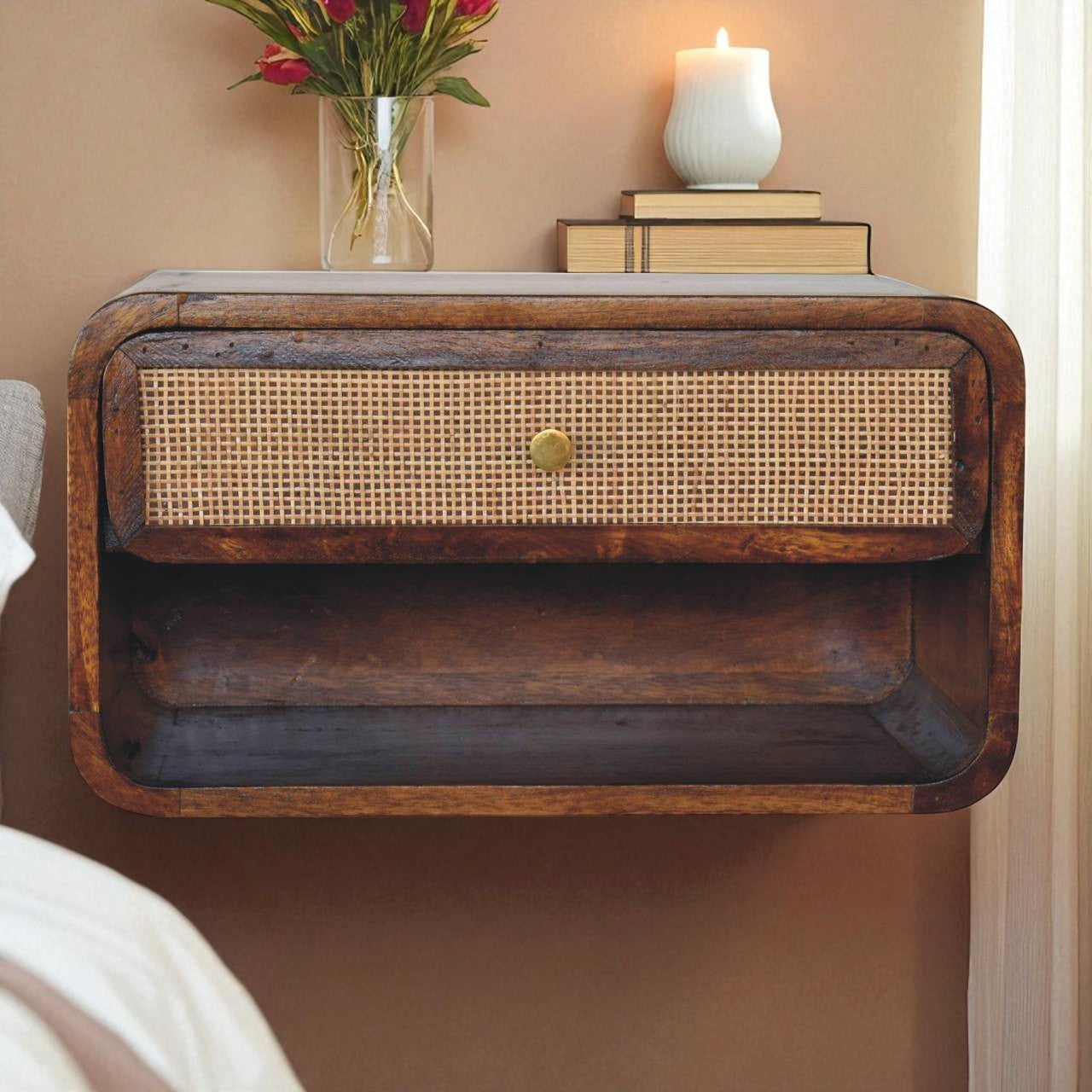 Solid Wood Wall Mounted Bedside, 1 Drawer, Open Woven, Dark Brown Chestnut