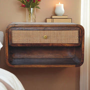 Solid Wood Wall Mounted Bedside, 1 Drawer, Open Woven, Dark Brown Chestnut