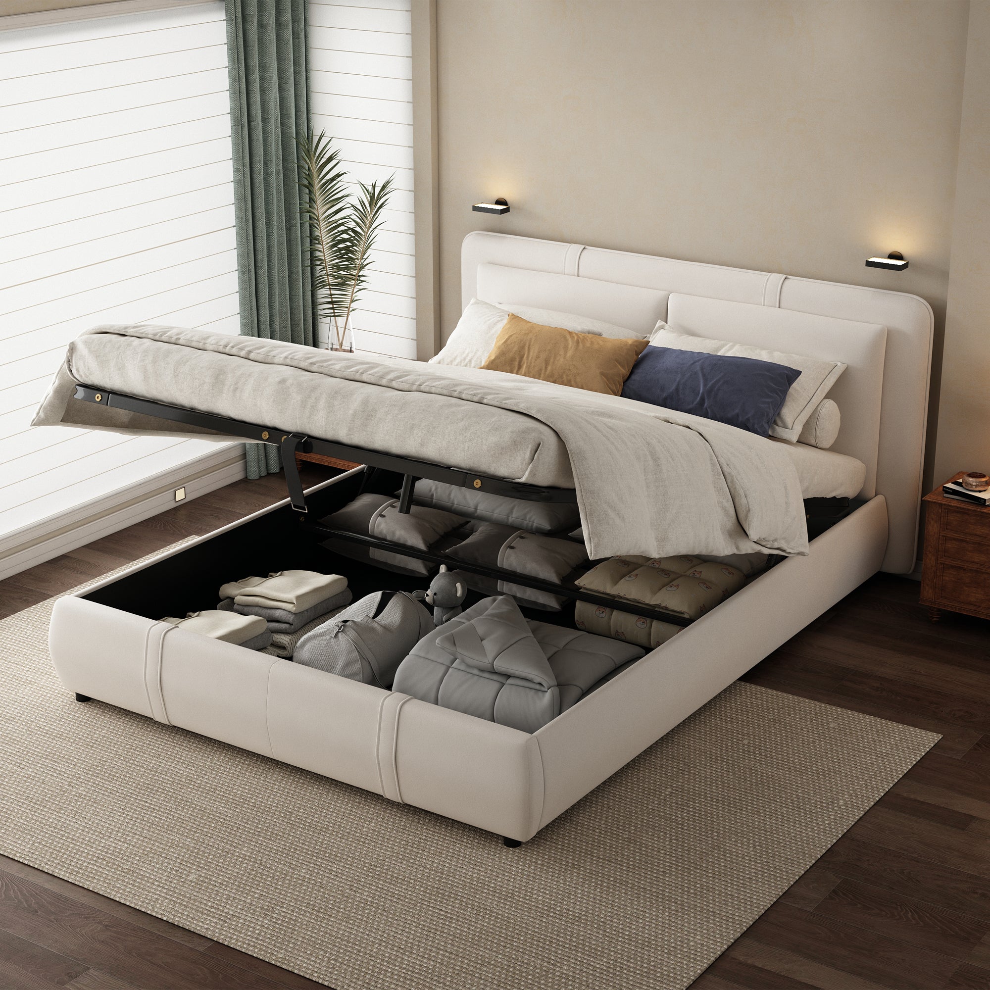 Upholstered Bed, Hydraulic Storage Function, 4ft6 Double 135x190cm, Durable, Sturdy, Removable Soft Headboard Backrest, Velvet Plywood Beige