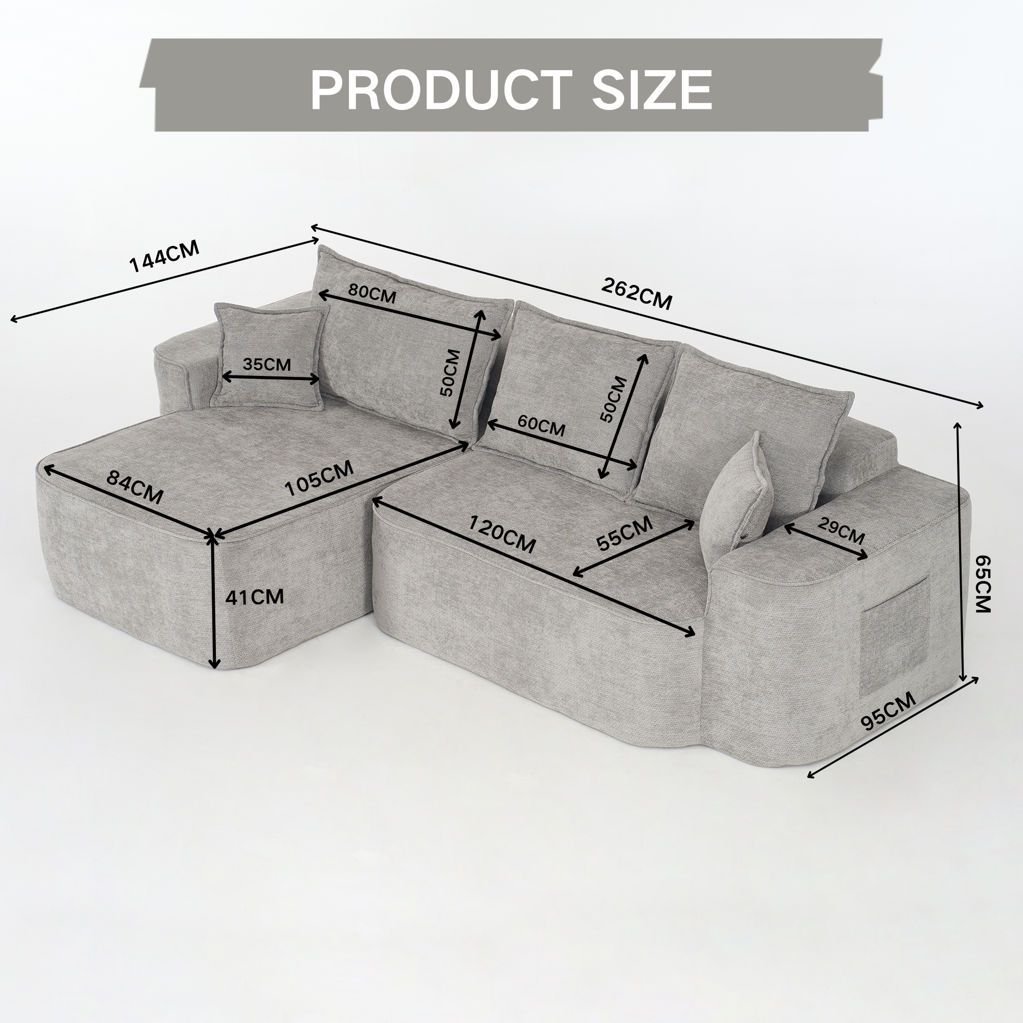 L-Shaped Corner Sofa Cloud Couch Modular Chaise XXL Deep Seat 262cm - Chenille Grey