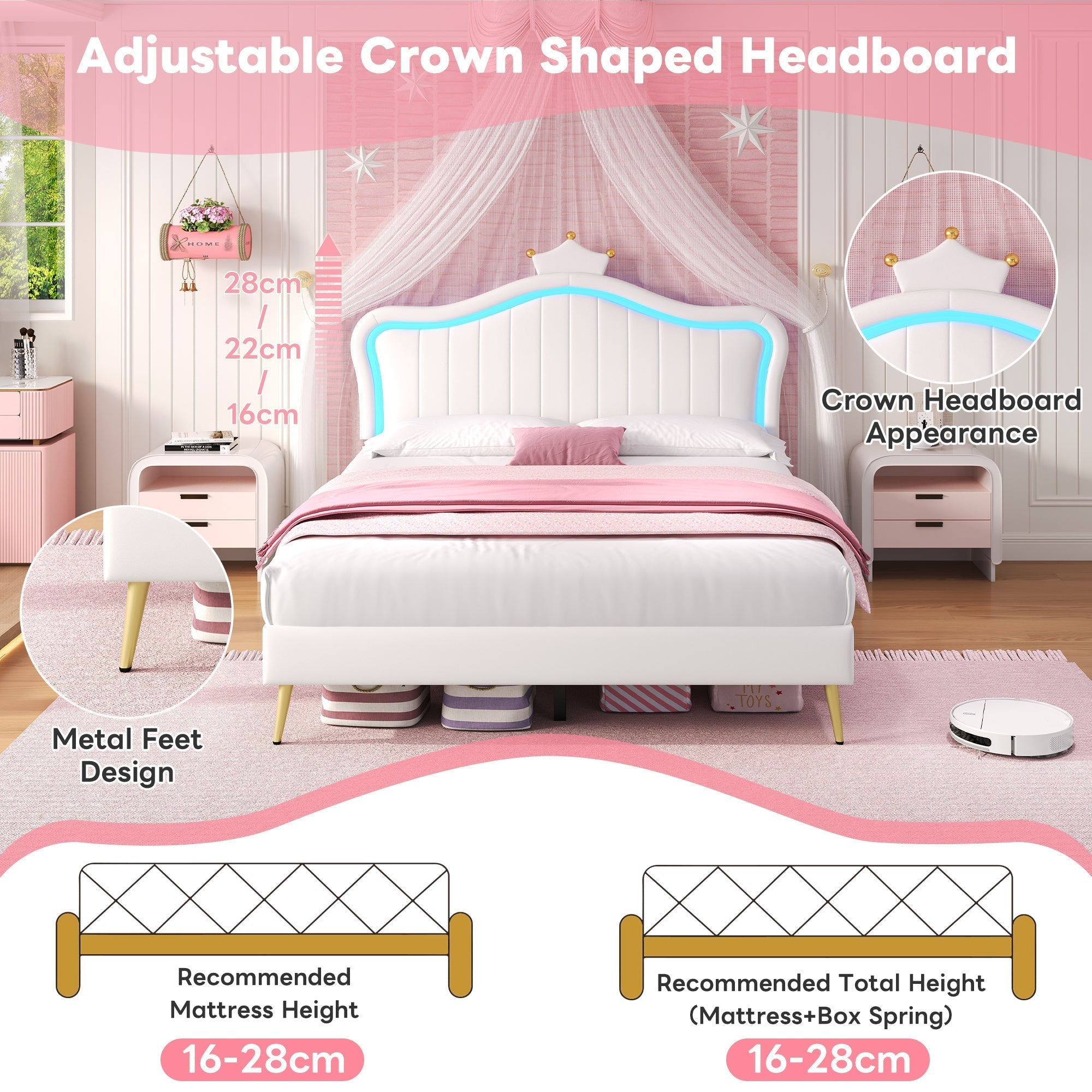 4ft6 Double Upholstered Bed with LED Adjustable Crown Shape Headboard, Cream White PU Leather