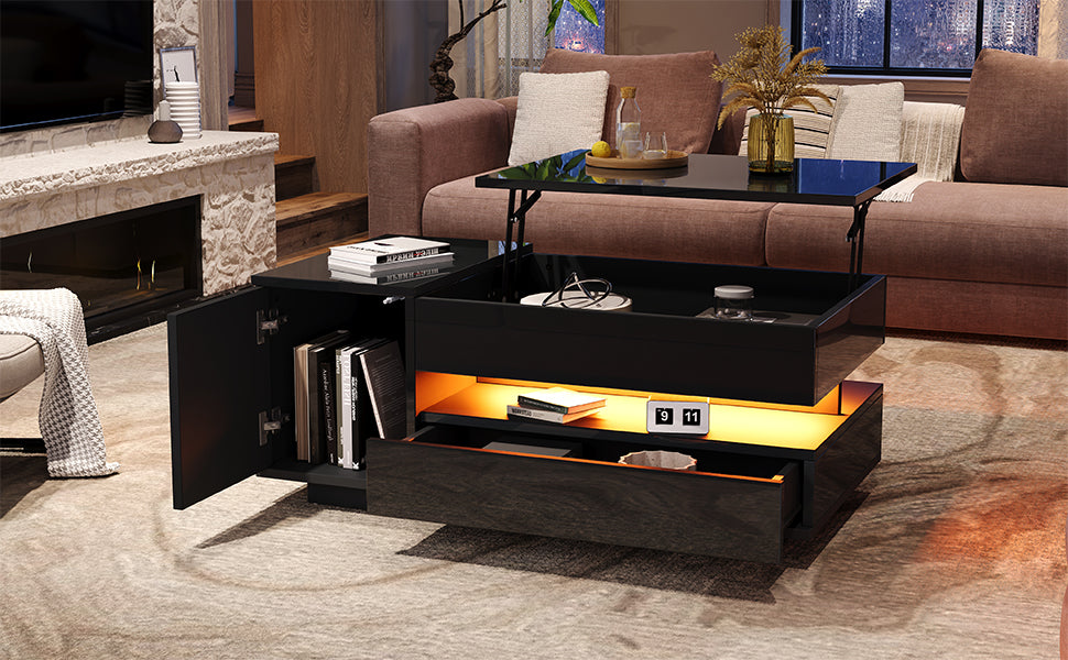 Coffee Table Liftable 95x50x34.5cm, LED, High-Gloss Black