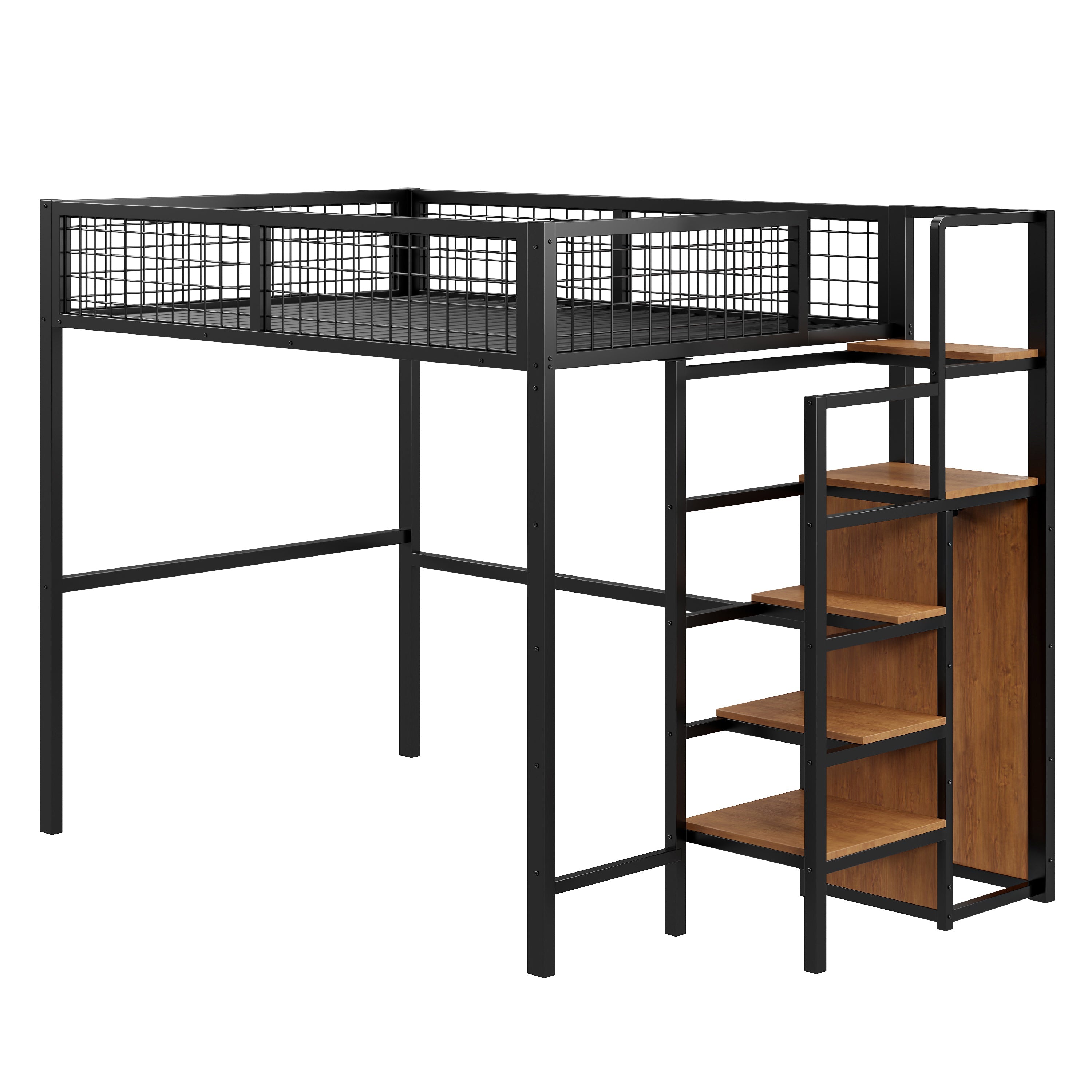 Loft Bed 140*200, Ladder & Storage, Iron Frame, Black
