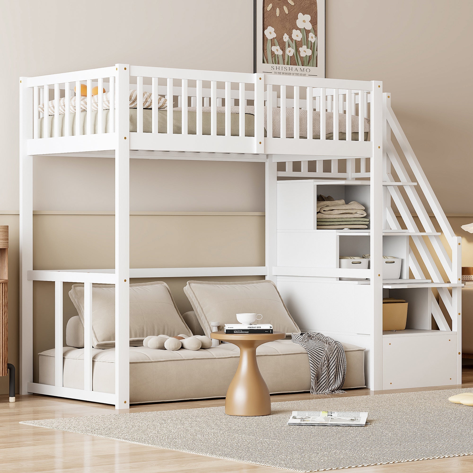 Loft Bed with Safety Storage Ladder, 90x200cm, White Solid Pine Wood