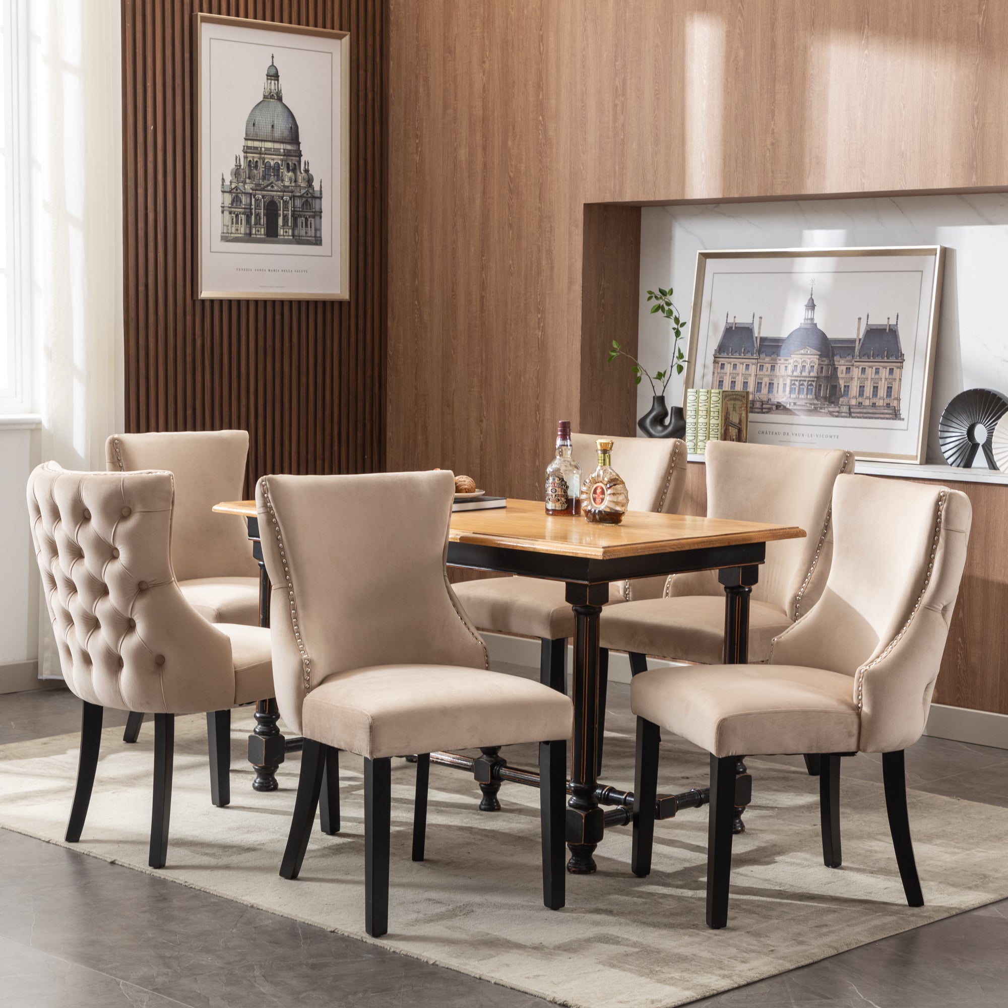 Dining Chair - Button Tufting, Solid Wood Frame - Beige Velvet (Set of 6)