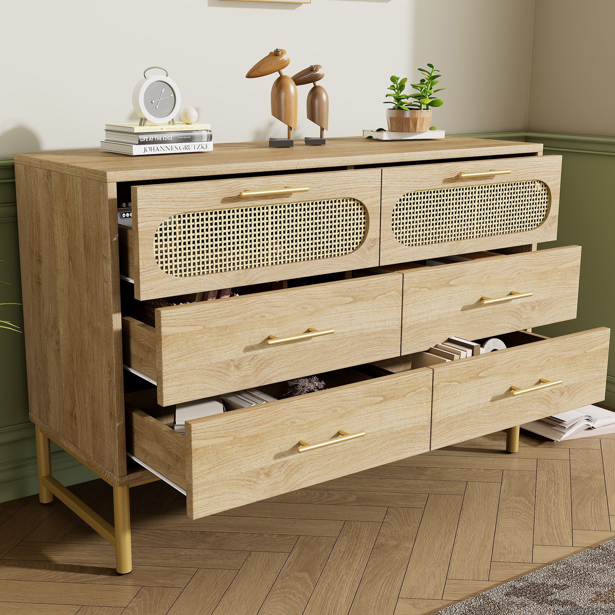 Rattan Sideboard, 6 Drawers Dresser Dressing Table, Sonoma Oak
