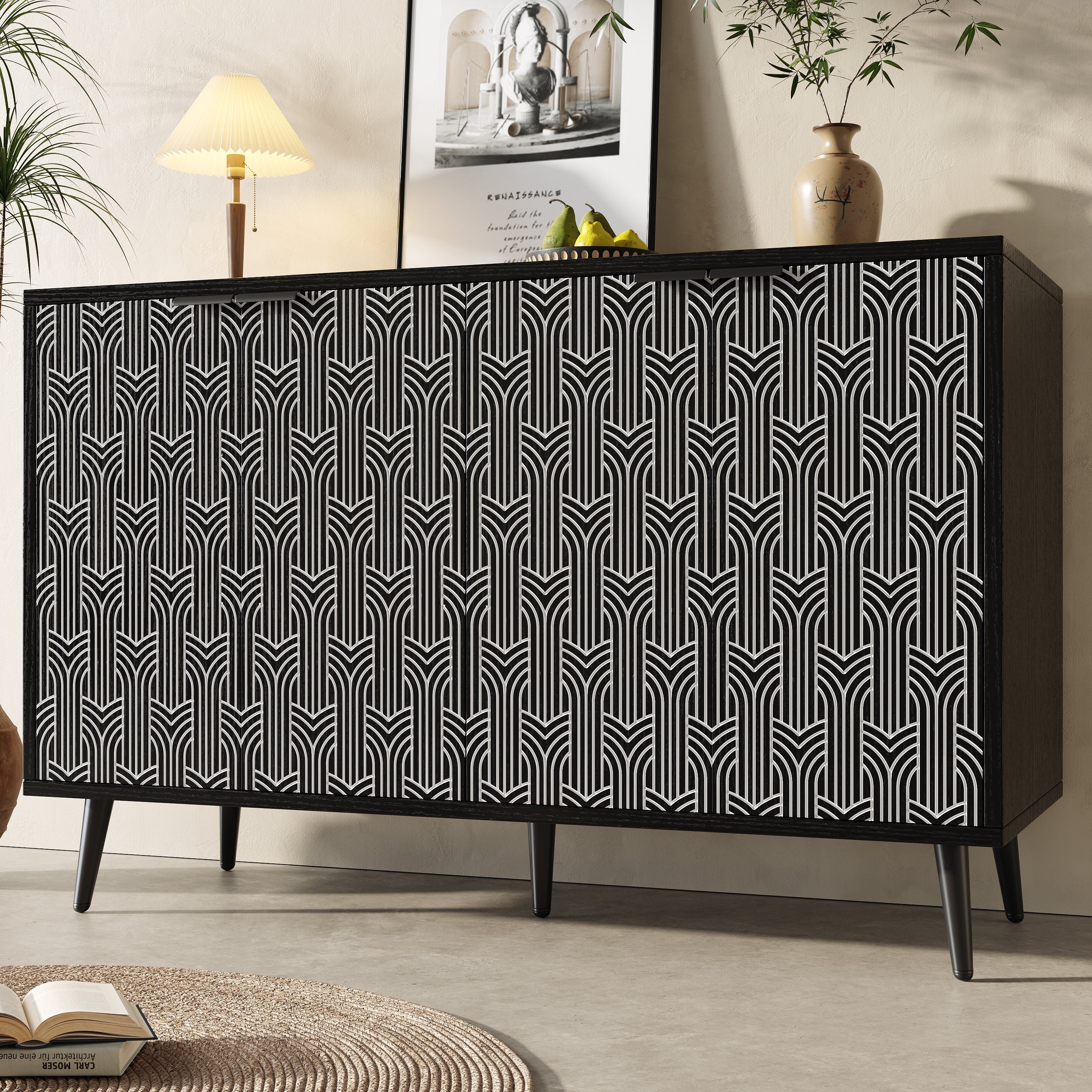 Dining Room Cabinet Freestanding Storage Unique Carved Herringbone Door Black