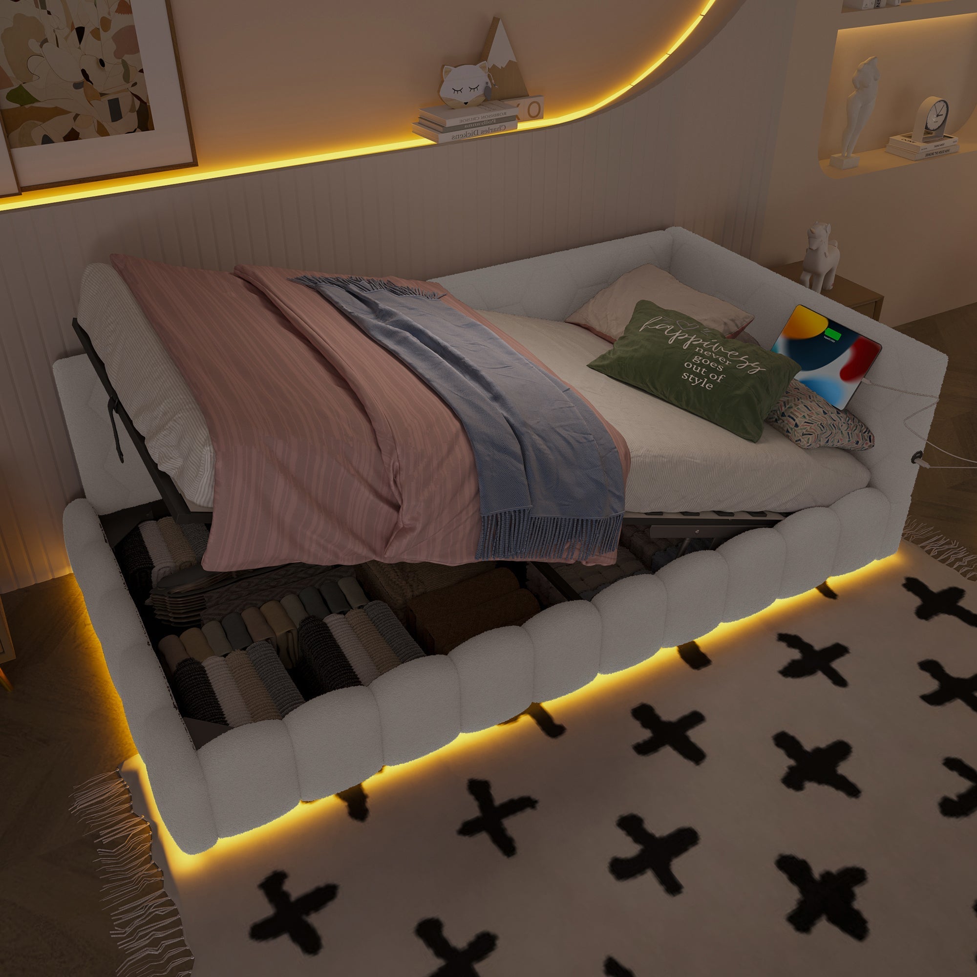 Daybed Sofa Bed 90x200cm Hydraulic Storage LED USB/Type-C - Imitation Fleece White