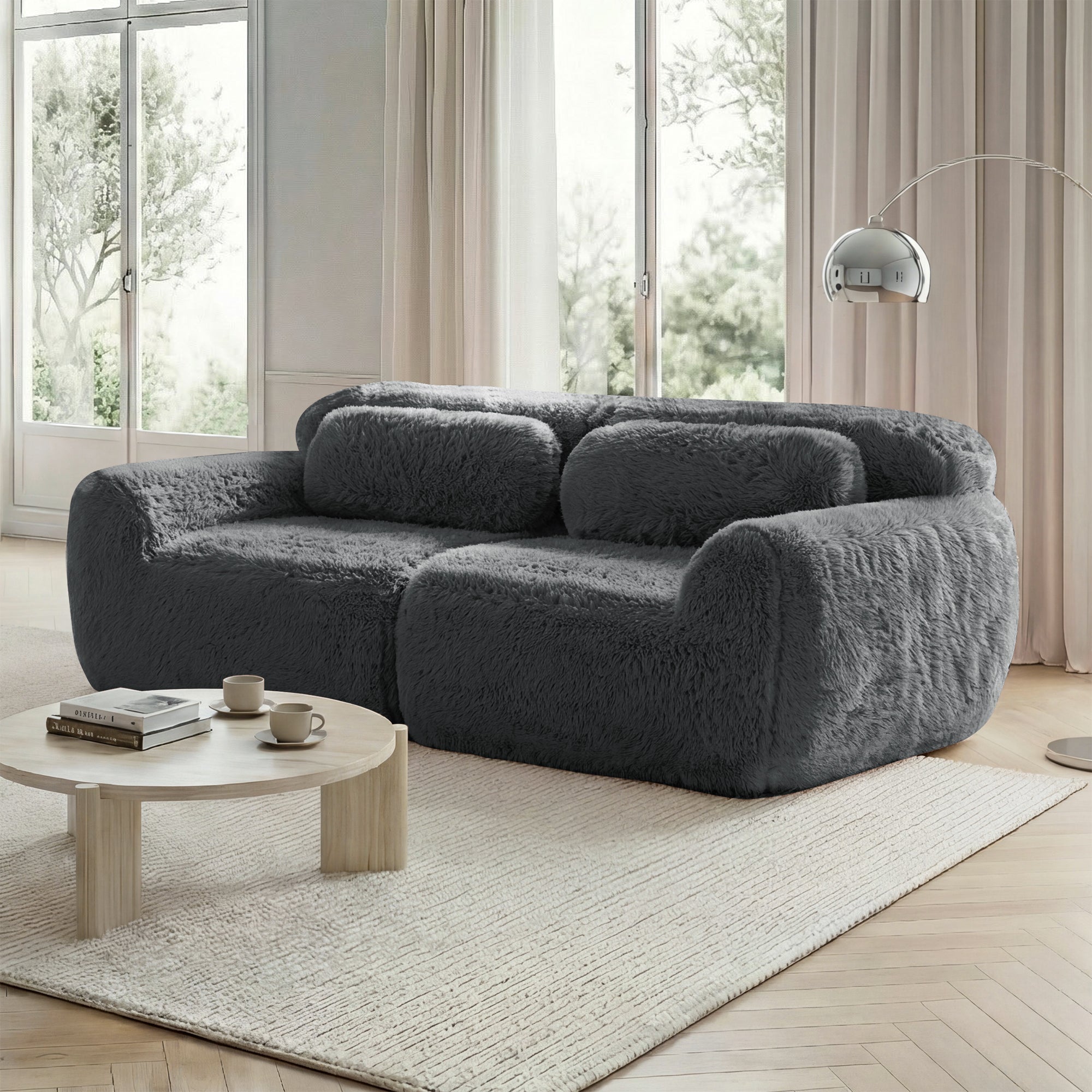 2-seater Sofa Frameless Modular Design Plush Fabric Grey