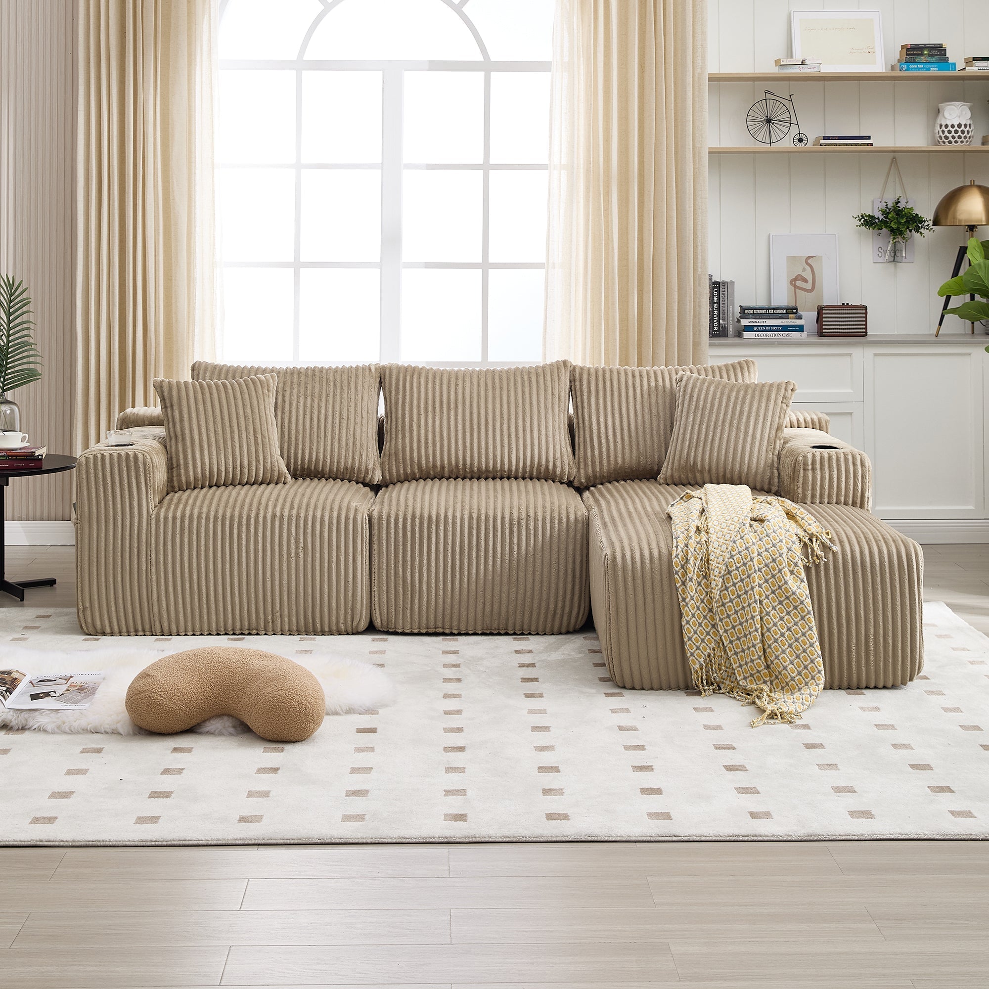 Modular Sofa Set Chaise & 2-Seater, 5 Cushions, Drink Holders, Corduroy Fabric