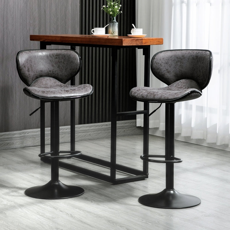 Adjustable Bar Stools Set of 2, Swivel Upholstered with Back and Footrest, Dark Grey Leathaire