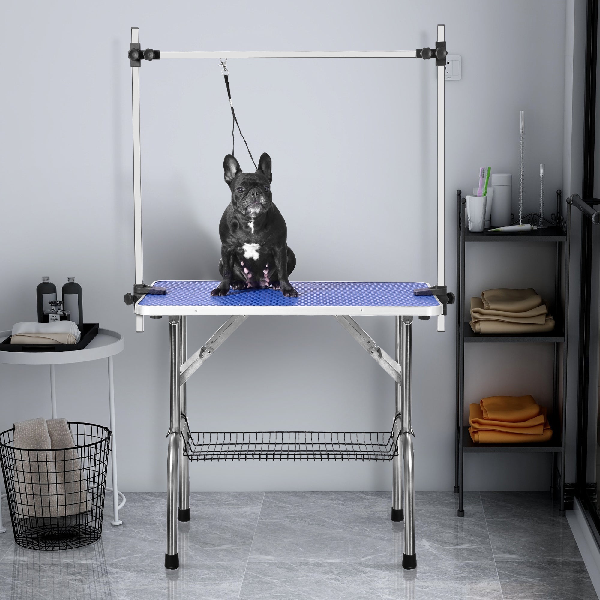 Professional Foldable Dog Grooming Table with Adjustable Arm, Sturdy, 117cm, BLUE