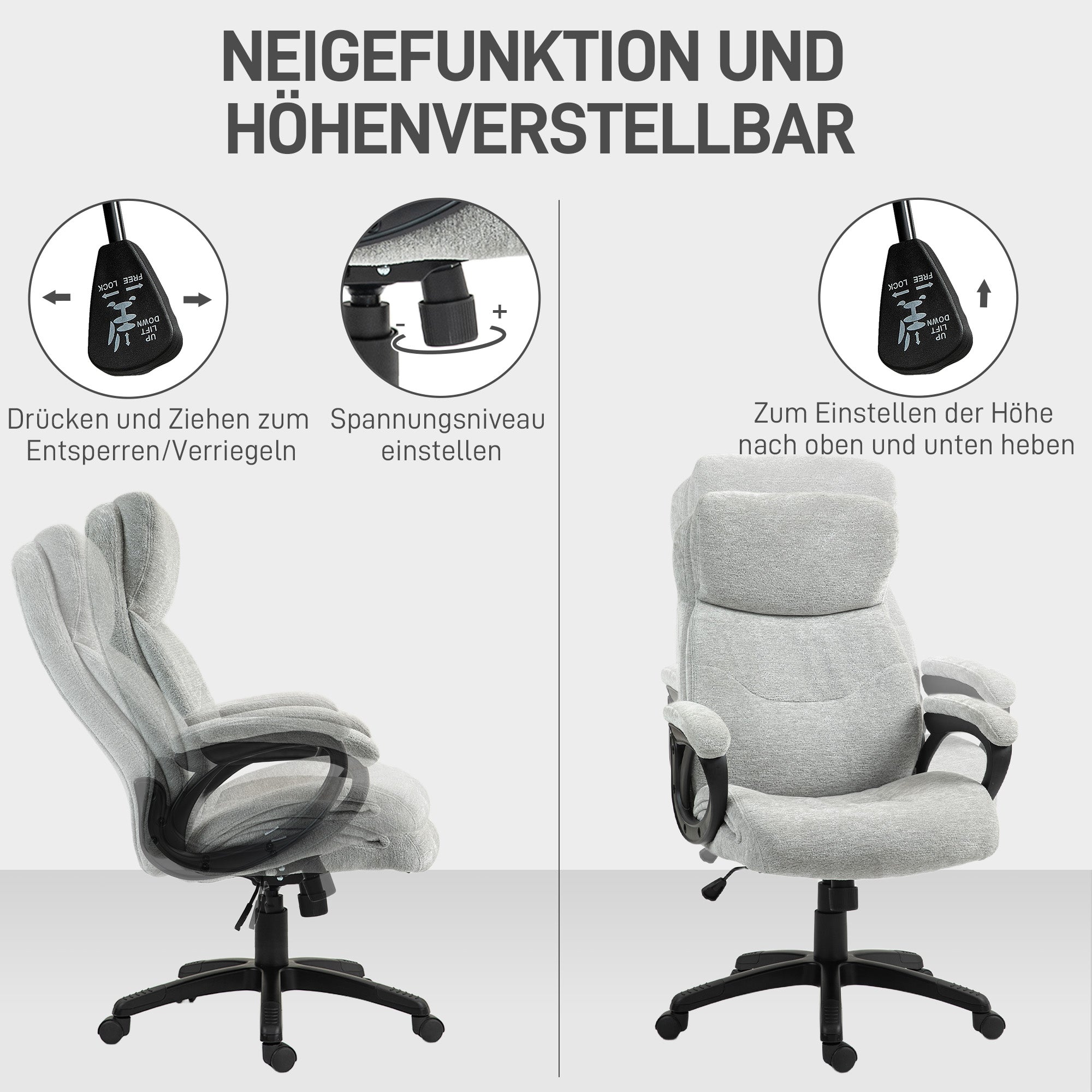 Office Chair, Rocking Function, Ergonomic, Height-Adjustable, Padded, Light Grey