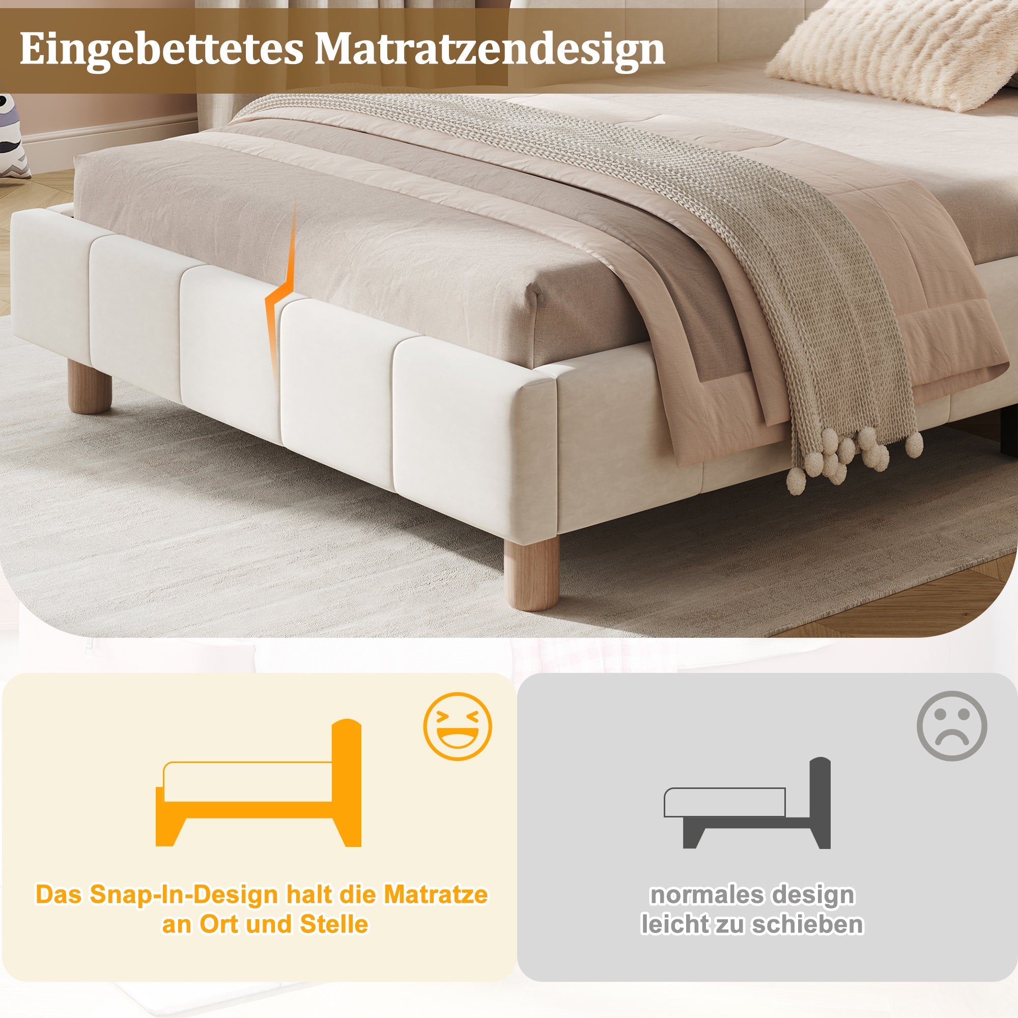Upholstered Children's Single Bed with Headboard and Safety Rail, 90x200cm, Beige Velvet