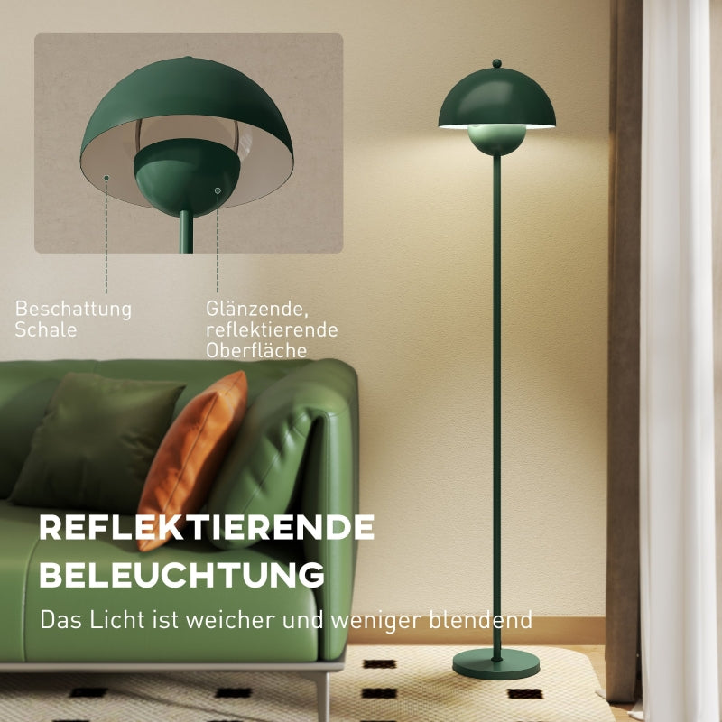 Floor lamp with round shade, reflective light, foot switch, steel stand, green