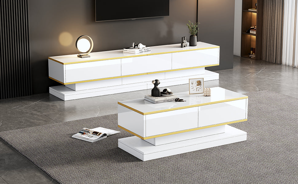 TV Stand & Coffee Table Set with 3-Drawer TV Console & 2-Drawer Coffee Table, White High Gloss & Gold