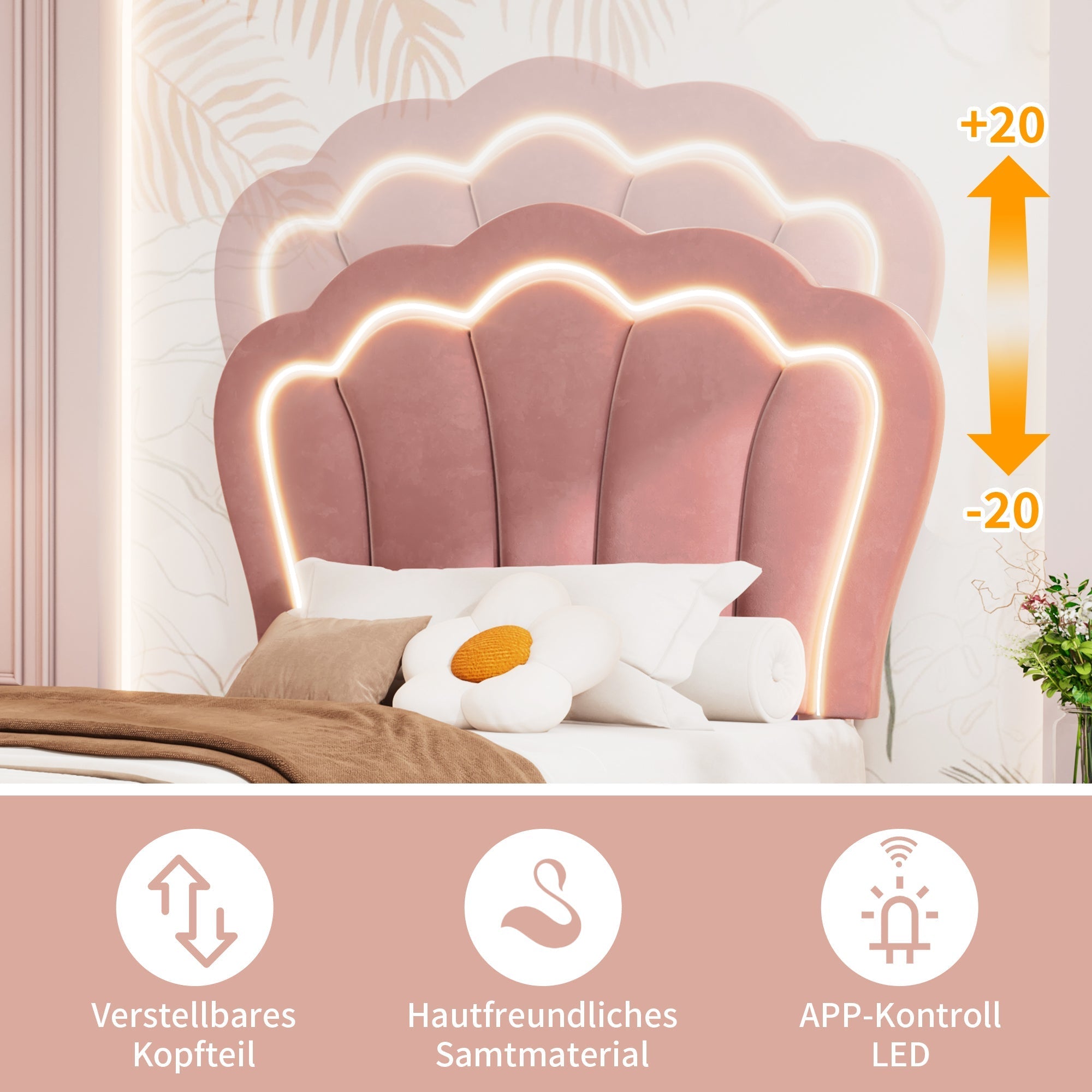 Children's Bed LED Single, 90 x 190 cm with Drawers, Adjustable Headboard, Velvet Pink