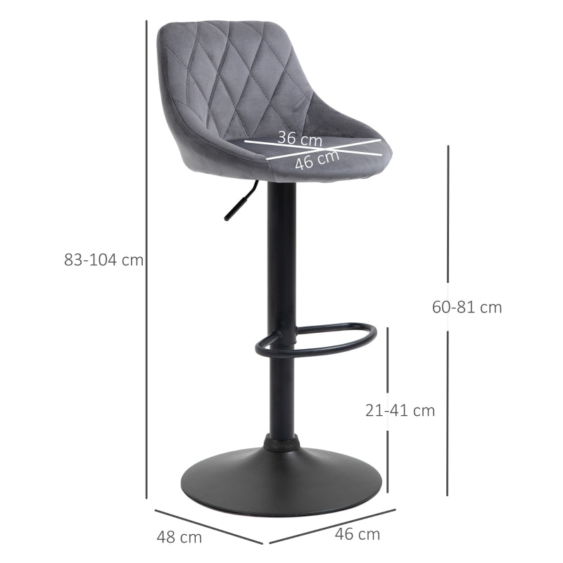Set of 2 Bar Stools Height-Adjustable Swivel Backrest - Dark Grey Velvet Look