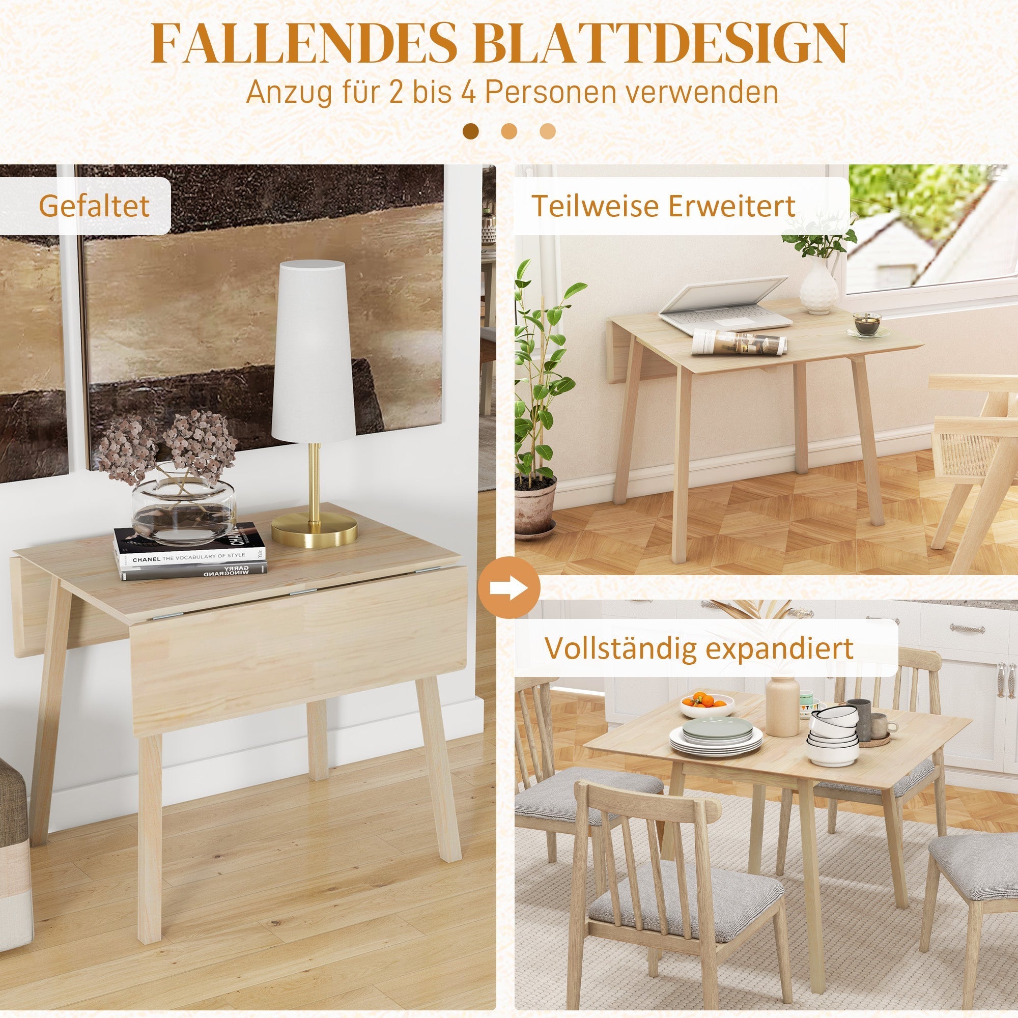 Folding Dining Table, 2-4 Person Small Space 110x86x75cm, Wood Natural Finish