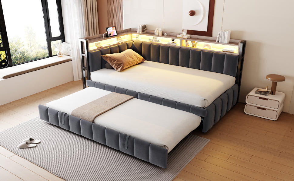Upholstered Sofa Bed 90x200cm Pull-out LED Storage USB/Type-C, Dark Grey Velvet Fabric