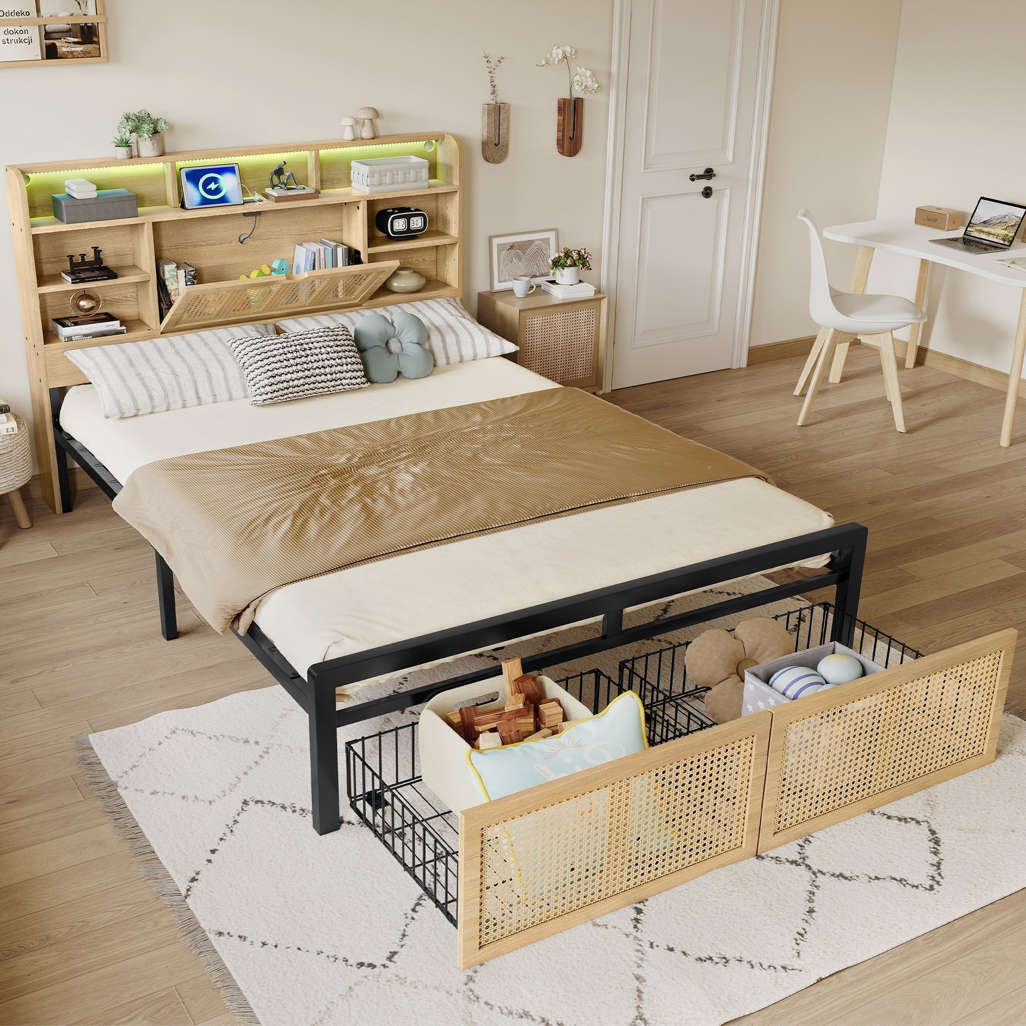 Wooden Bed, Charging Port, LED Strip Light, 4ft6 Double, Wood Colour