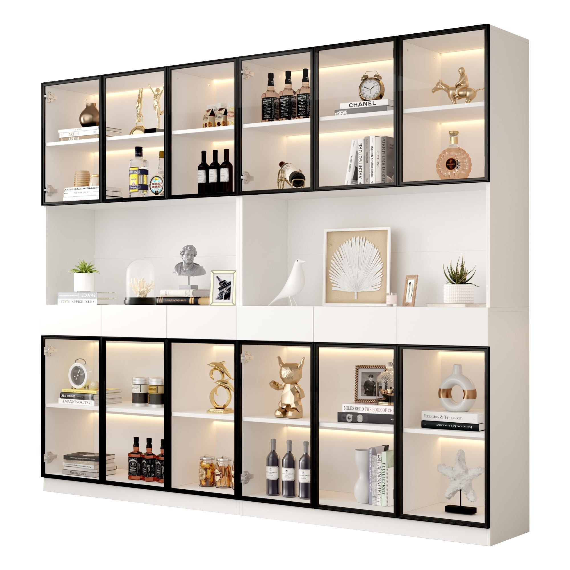 White Display Cabinet with LED Lights and Glass Doors, 200cm High, White and Black Frame