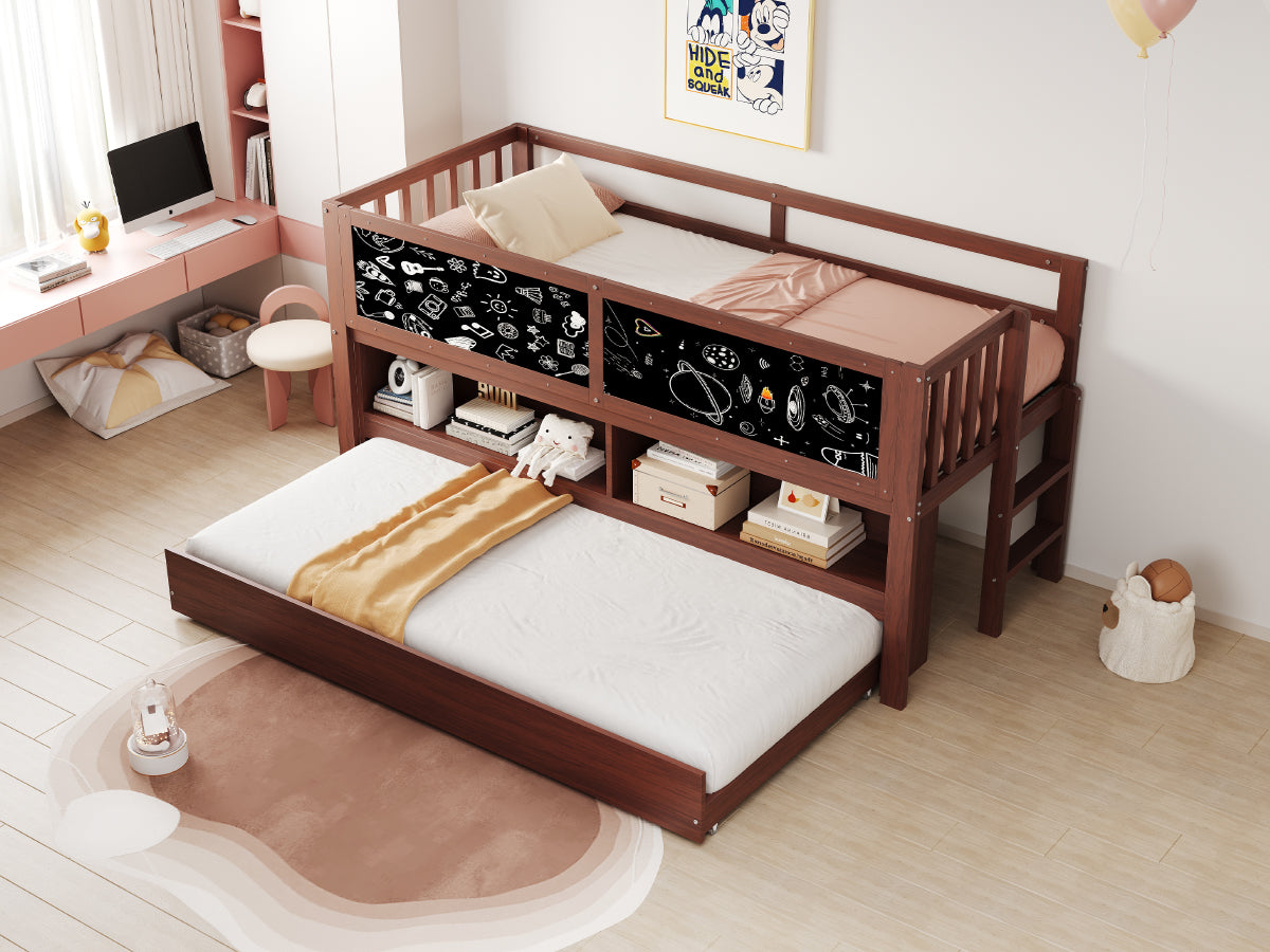 Extendable House Bed 90x200cm with Chalkboard, Storage & Climbing Ladder - Solid Wood Brown