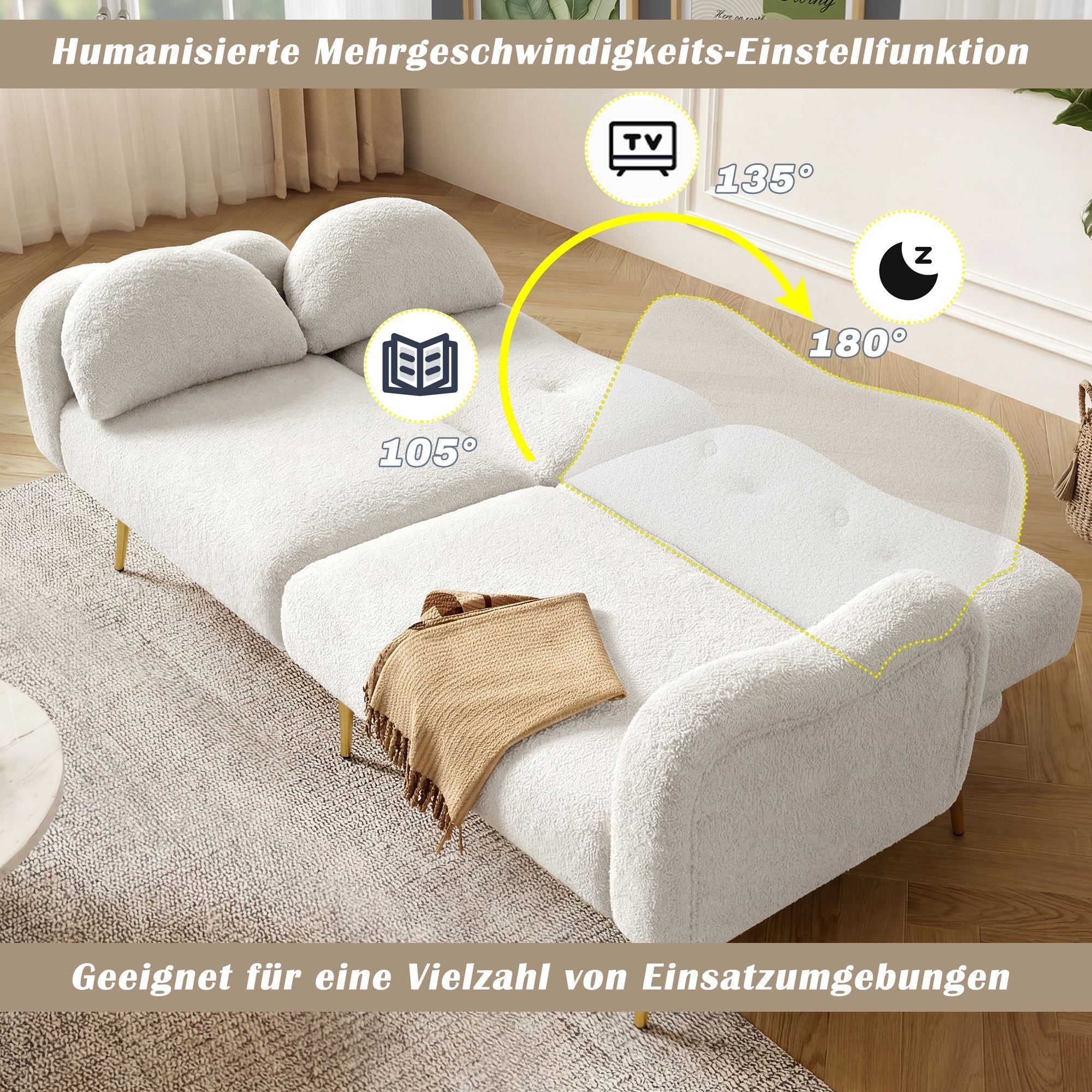 Two-Seater Sofa Bed Adjustable Backrest Gold Metal Feet