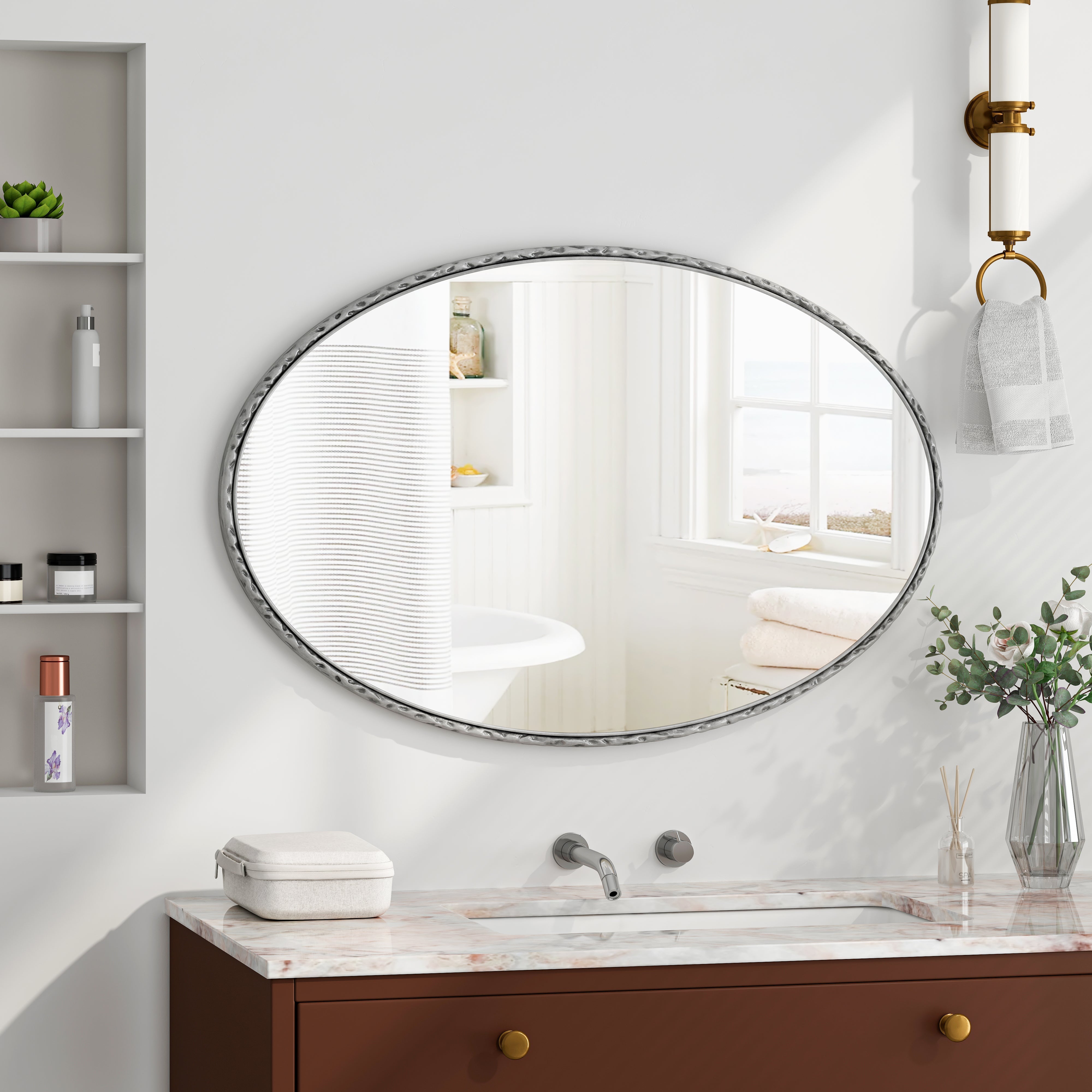 Iron Art Oval Mirror, Wall Hanging, Antique Effect, Silver