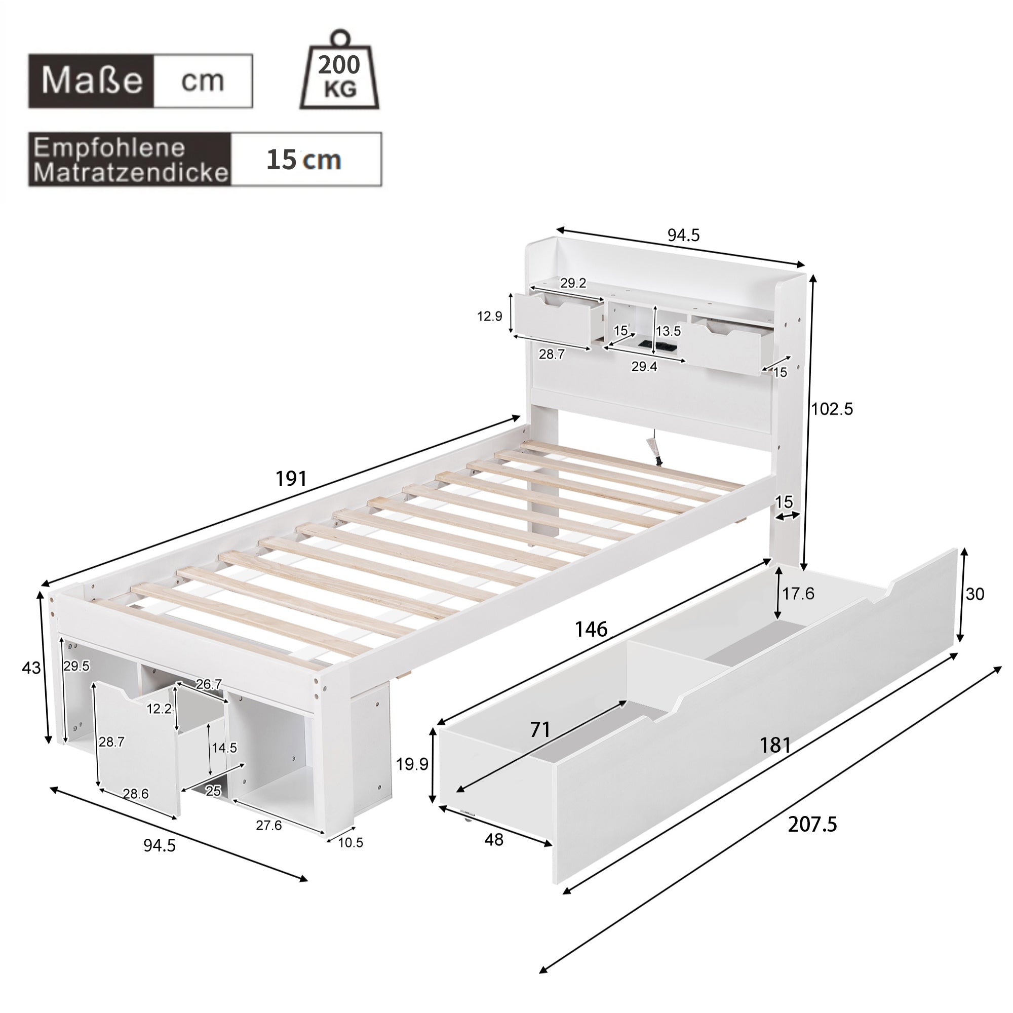 Children's Bed Single Daybed 3FT with USB Port Drawers Storage Cabinet, White